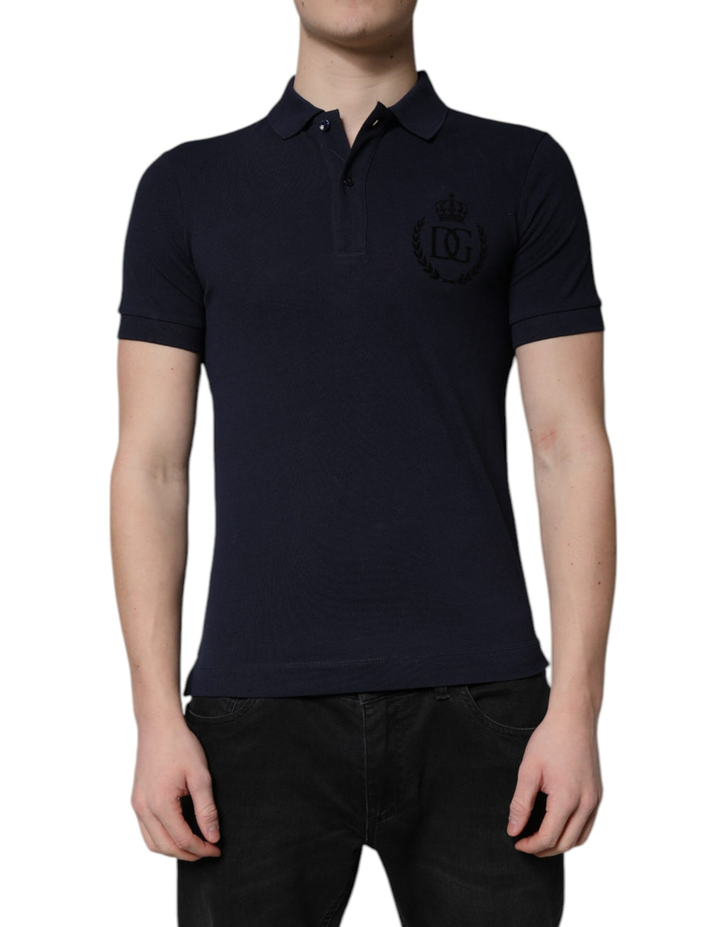 Dolce & Gabbana Navy Blue Cotton Crown Polo T-Shirt with Collar
