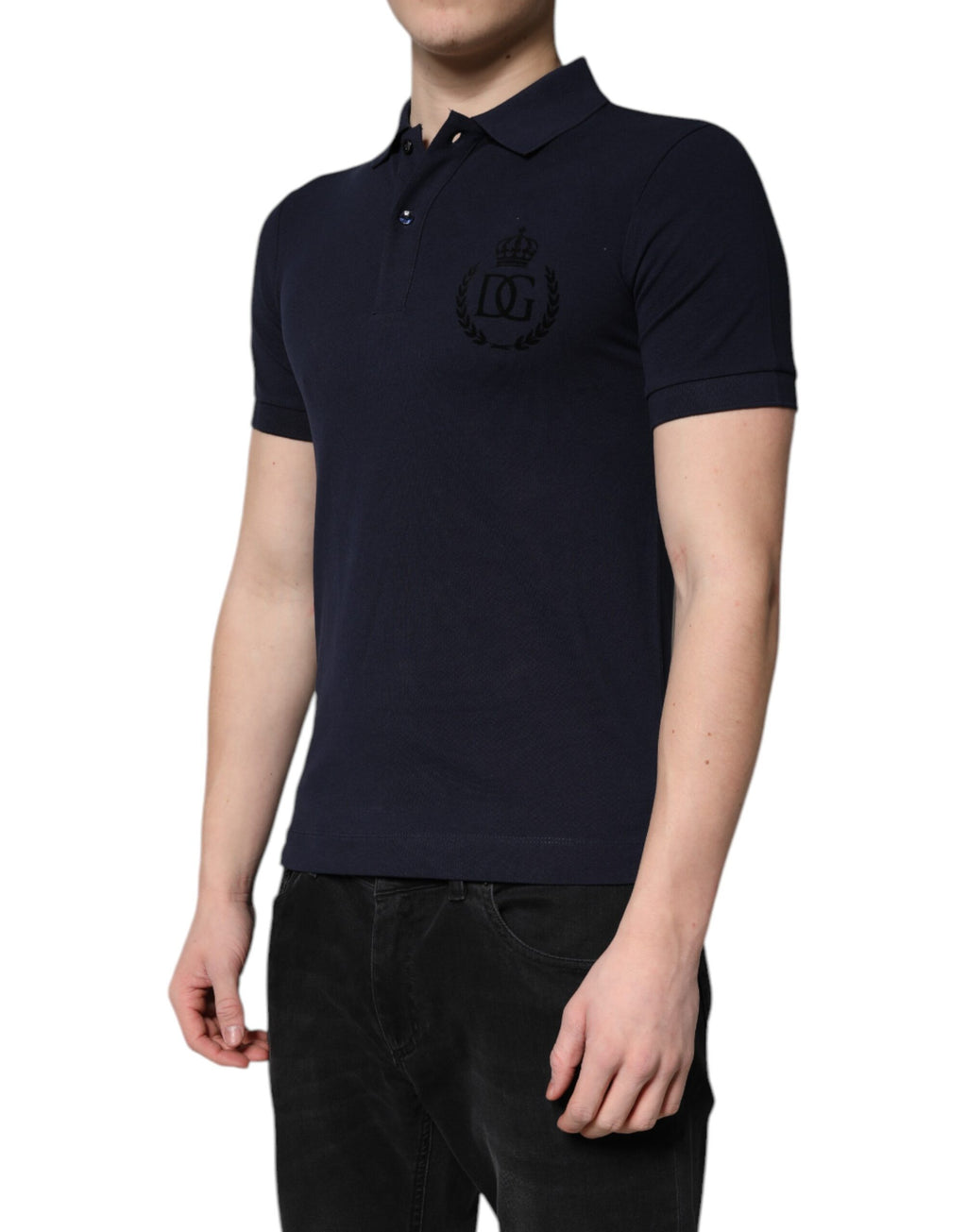 Dolce & Gabbana Navy Blue Cotton Crown Polo T-Shirt with Collar