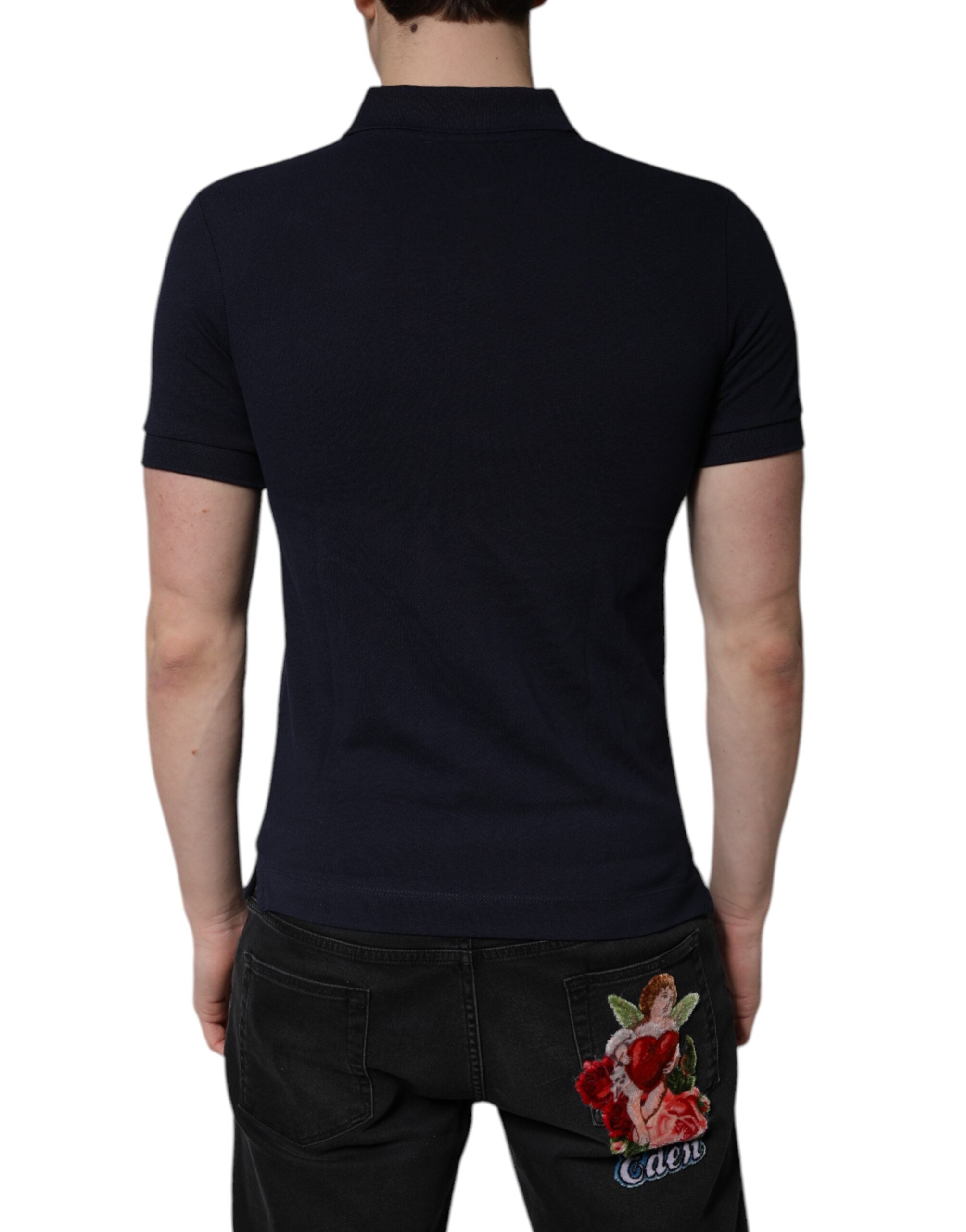 Dolce & Gabbana Navy Blue Cotton Crown Polo T-Shirt with Collar