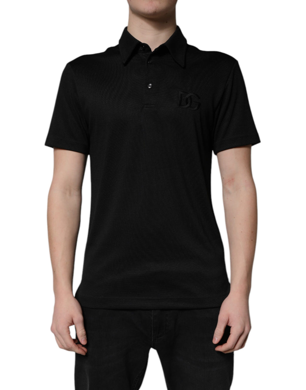 Dolce & Gabbana Black Polyester DG Logo Polo Shirt with Collar