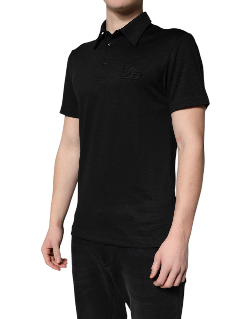 Dolce & Gabbana Black Polyester DG Logo Polo Shirt with Collar