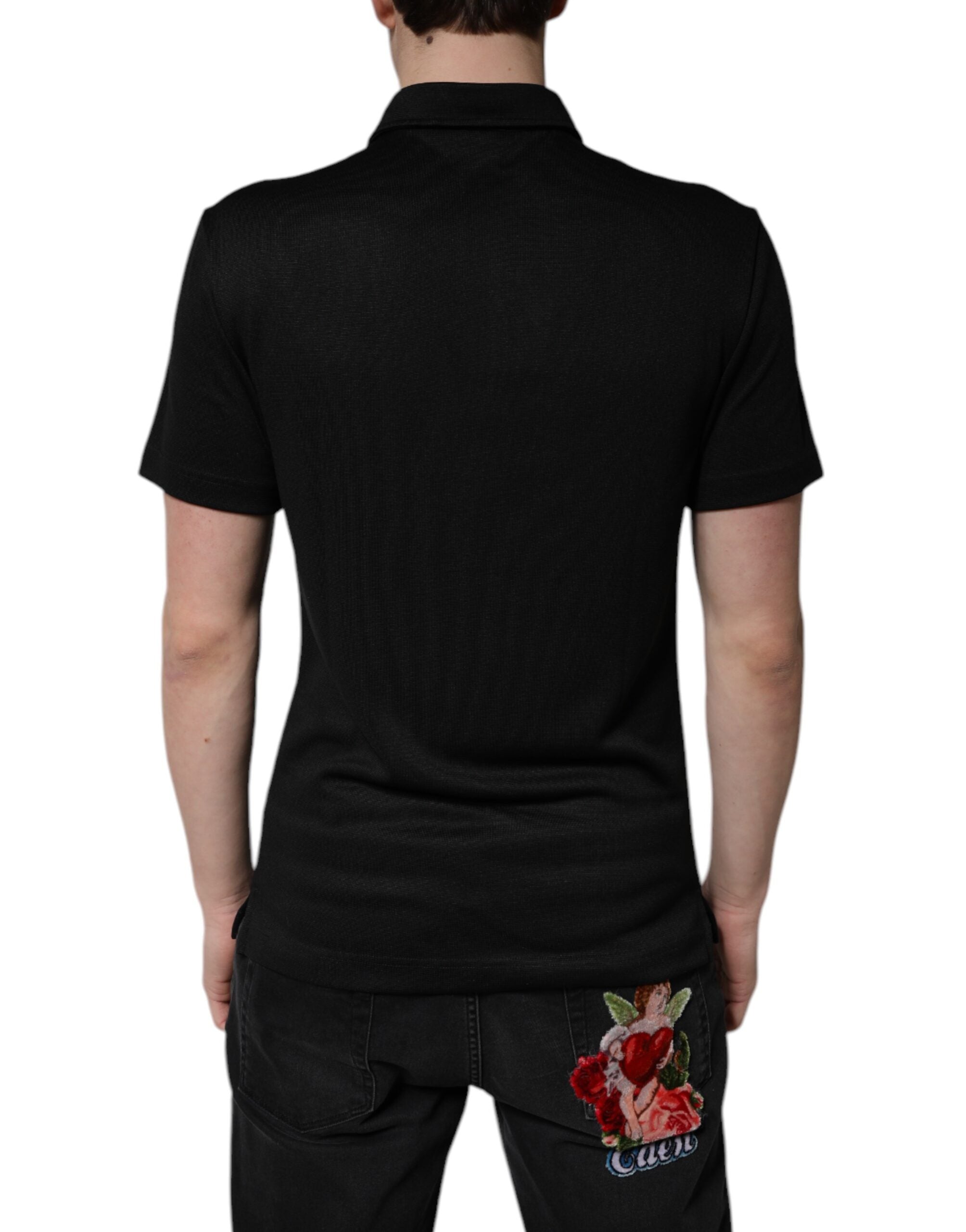 Dolce & Gabbana Black Polyester DG Logo Polo Shirt with Collar