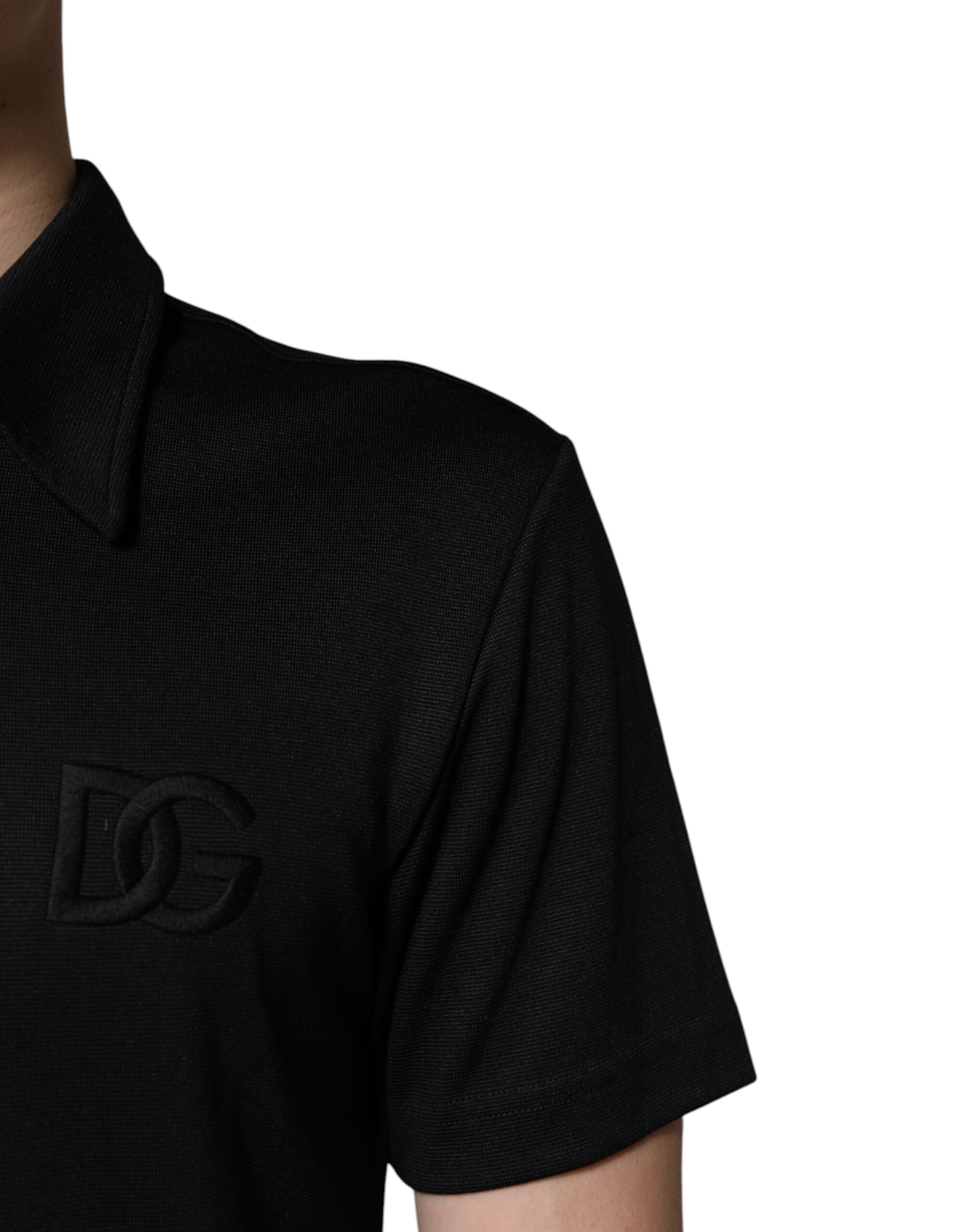 Dolce & Gabbana Black Polyester DG Logo Polo Shirt with Collar