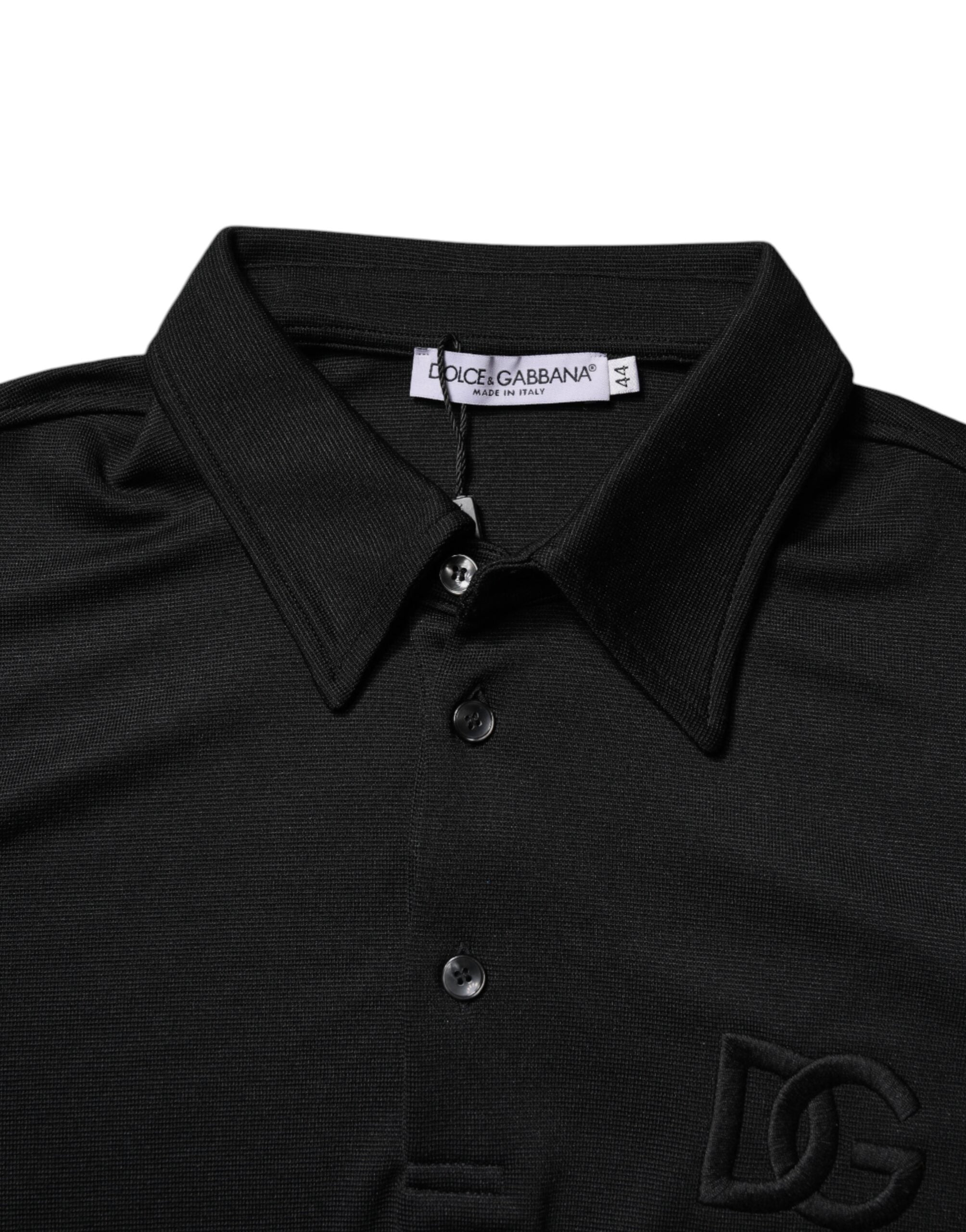 Dolce & Gabbana Black Polyester DG Logo Polo Shirt with Collar