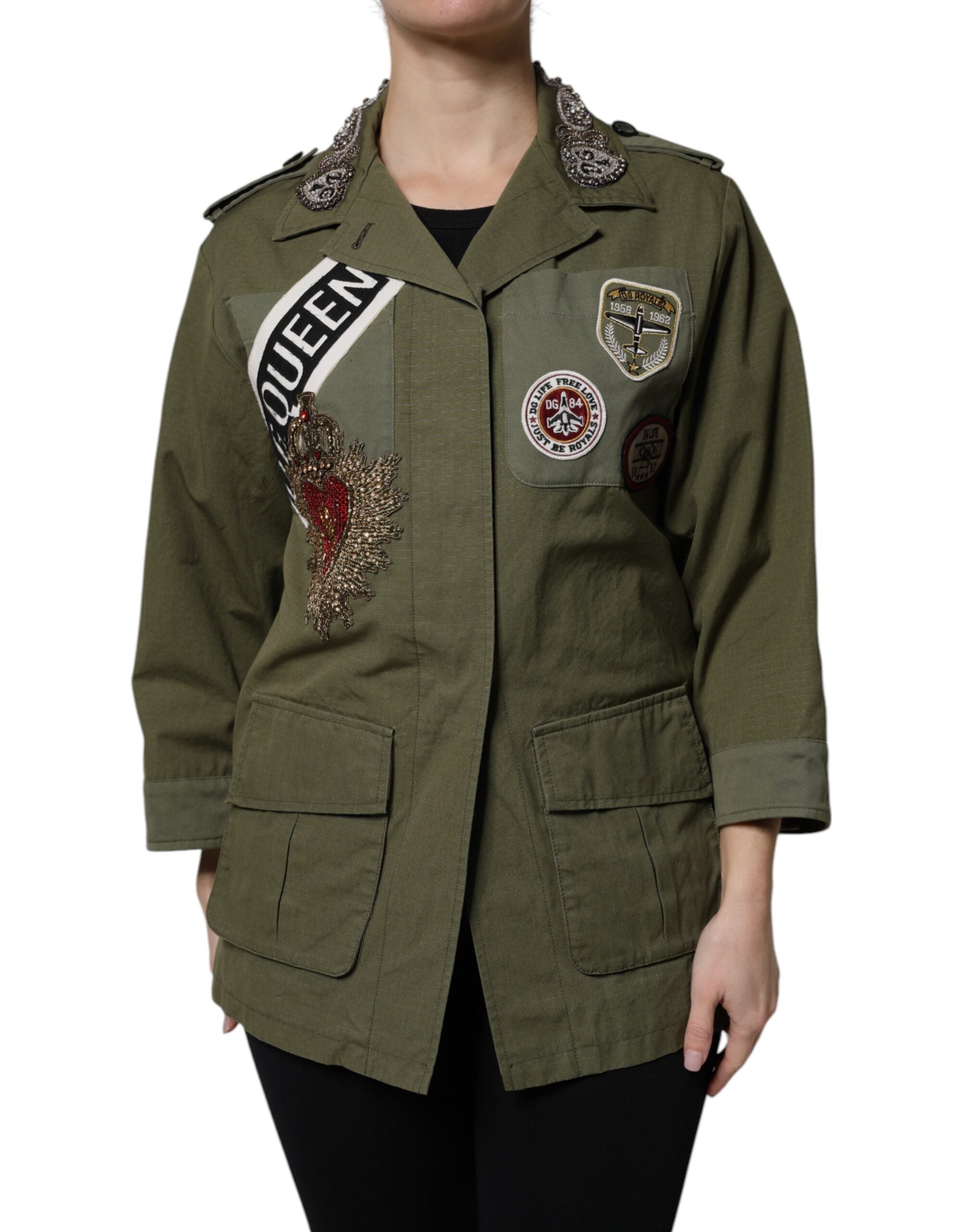Dolce & Gabbana Military Green Ornate Coat Jacket Queen