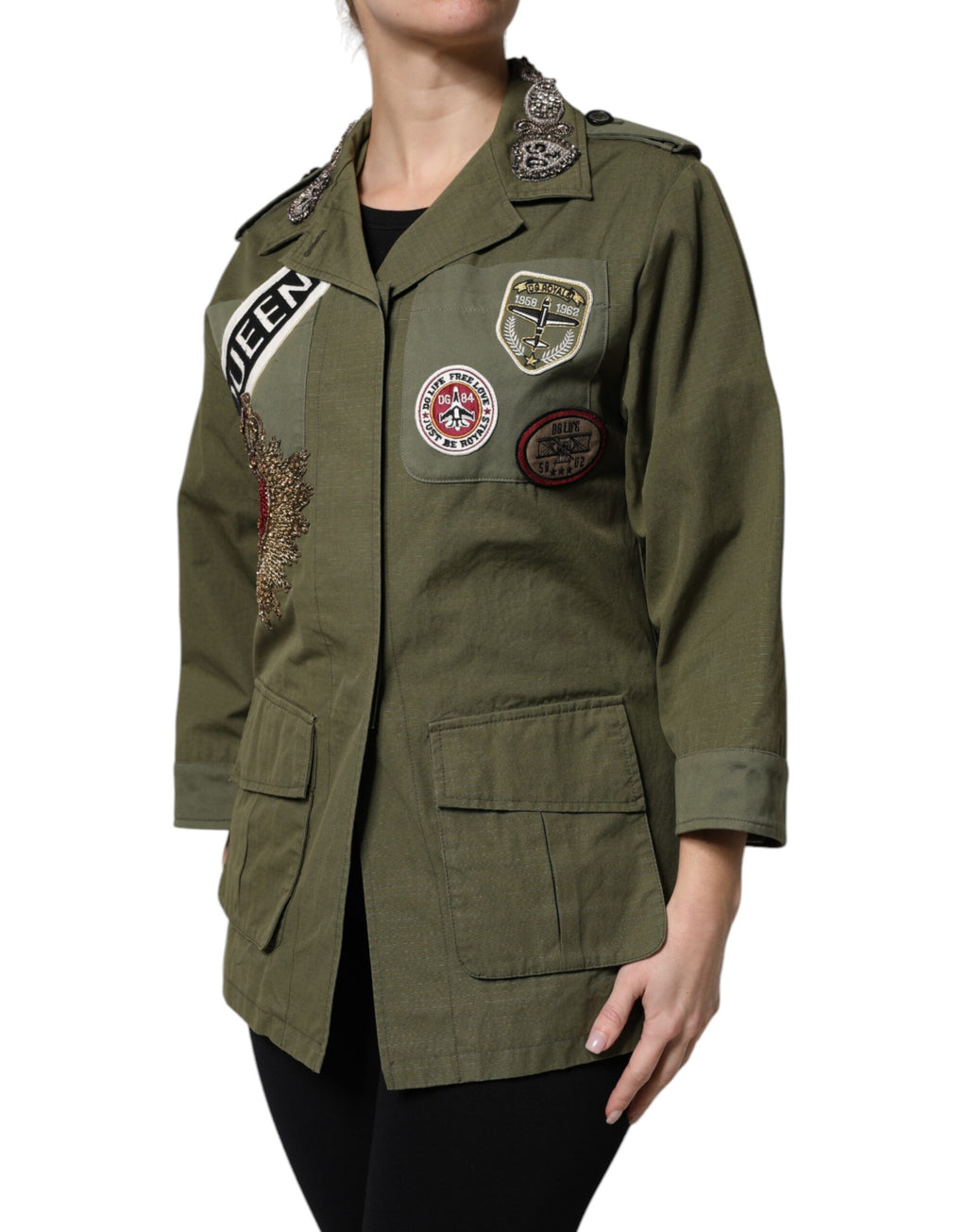 Dolce & Gabbana Military Green Ornate Coat Jacket Queen