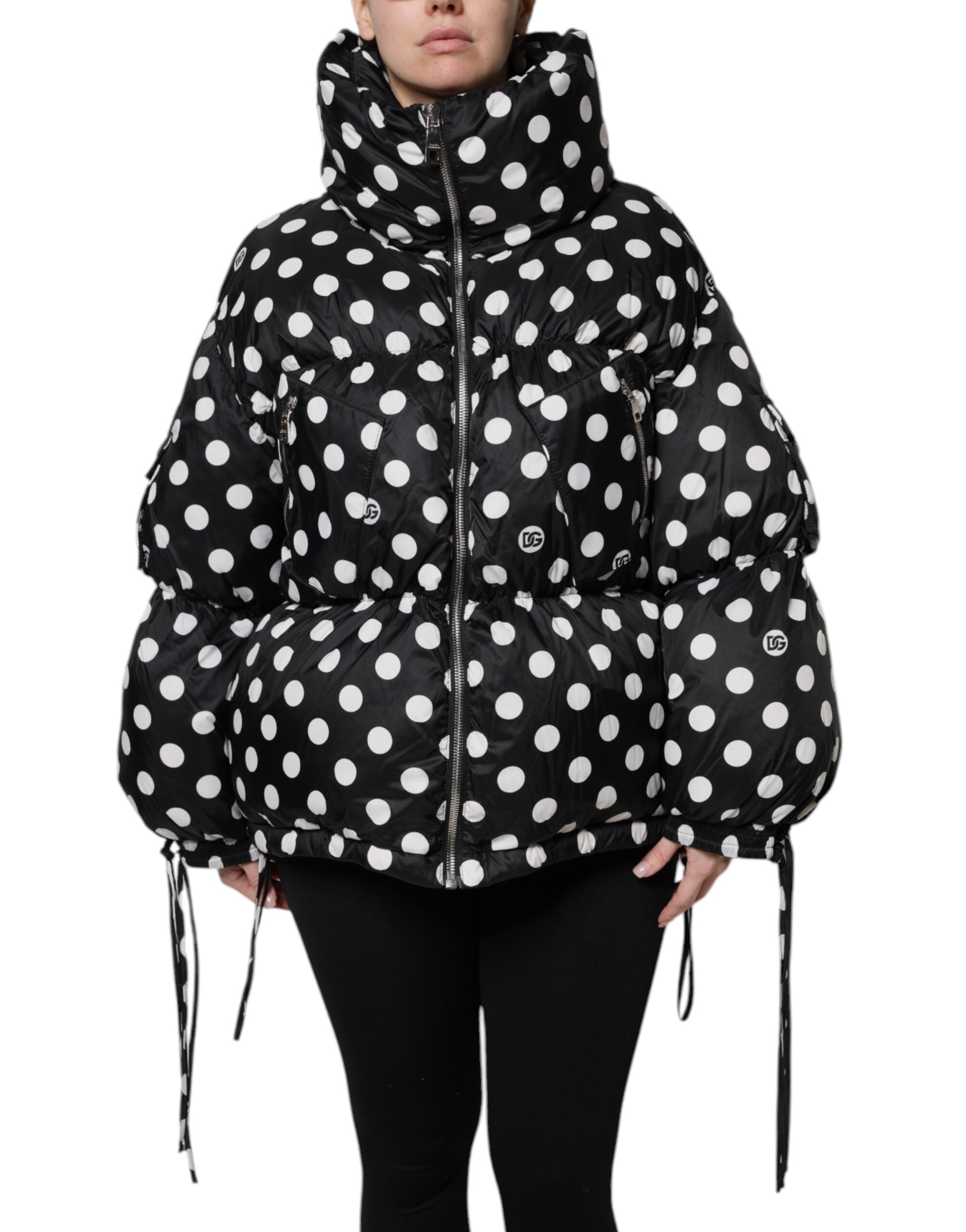 Dolce & Gabbana Schwarz-weiß gepunktete Pufferjacke mit durchgehendem Reißverschluss