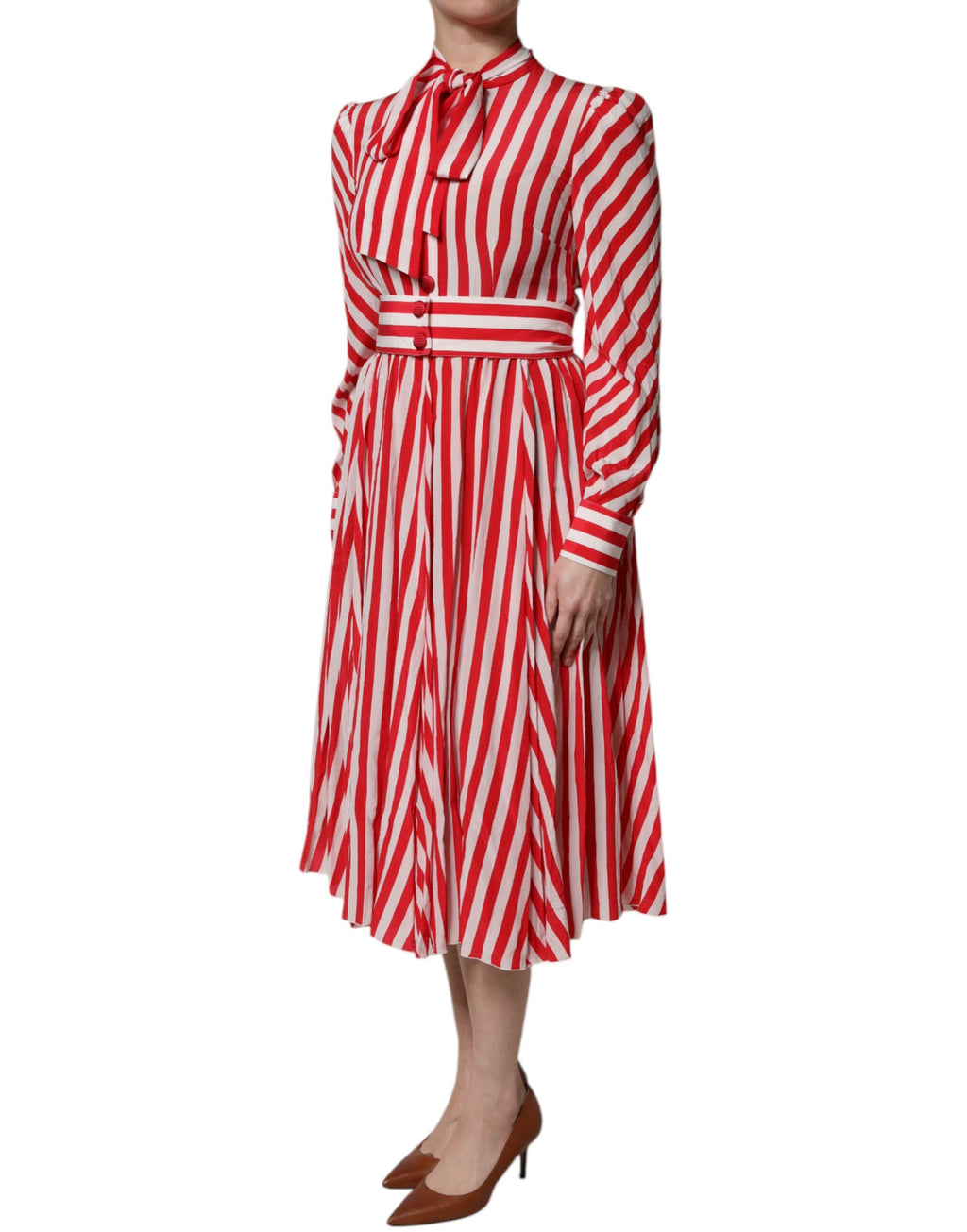 Dolce & Gabbana Weiß-rot gestreiftes Midikleid mit langen Ärmeln
