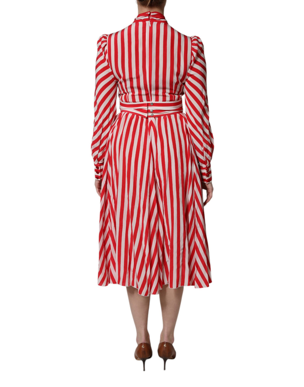 Dolce & Gabbana Weiß-rot gestreiftes Midikleid mit langen Ärmeln