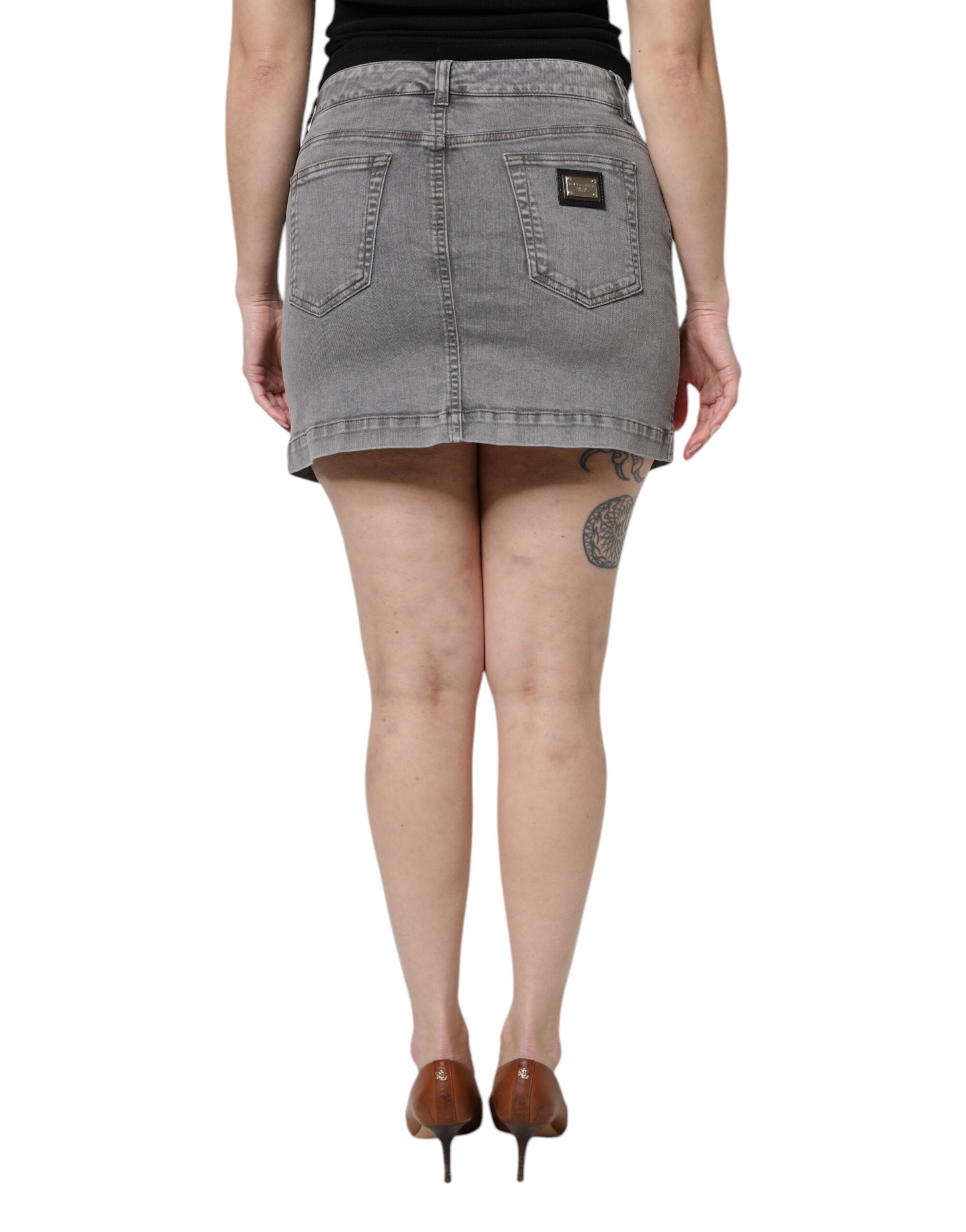 Dolce & Gabbana Grey Mid-Waist Cotton-Stretch Denim Miniskirt