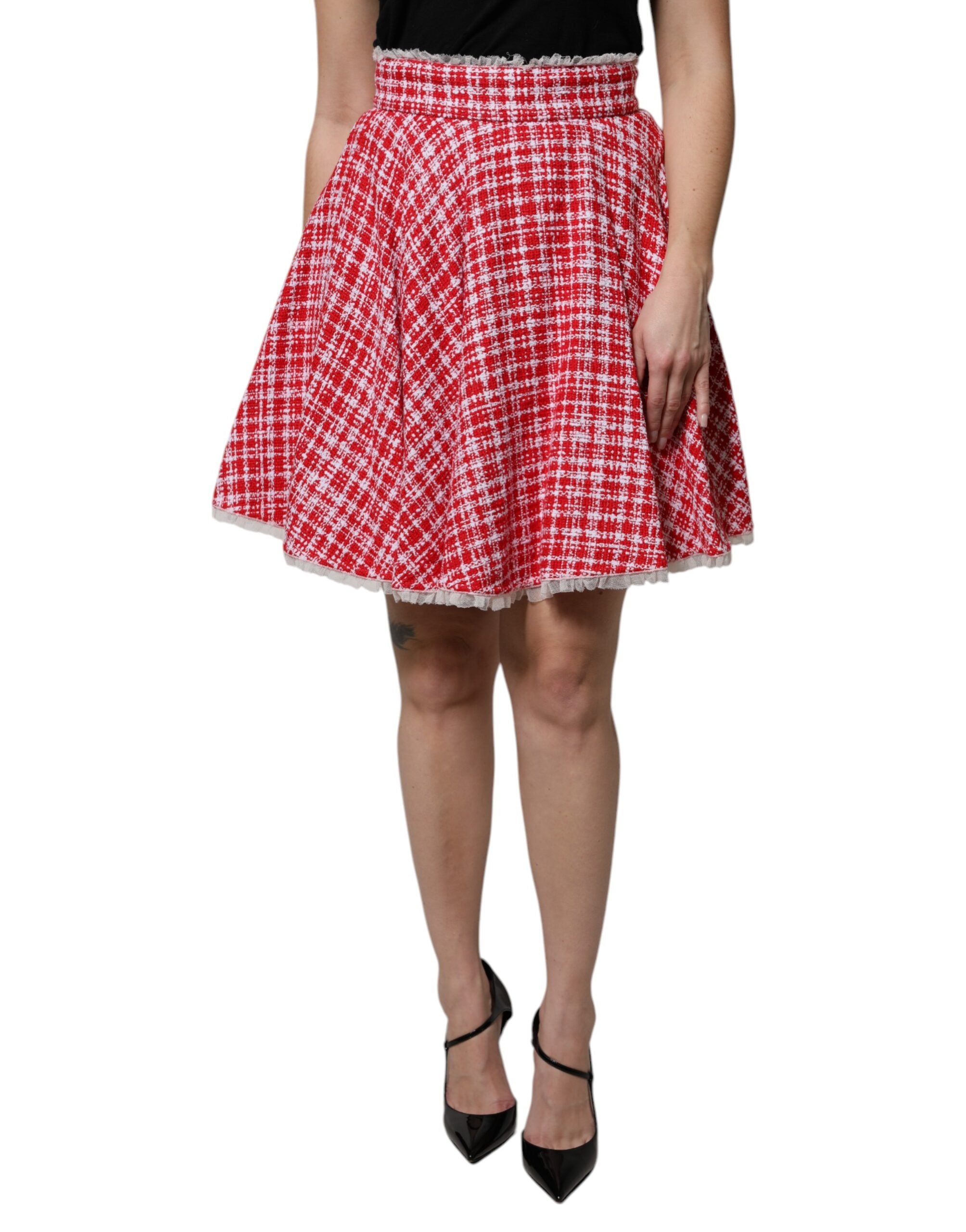 Dolce & Gabbana Red White High Waist A-Line Above the Knee Skirt