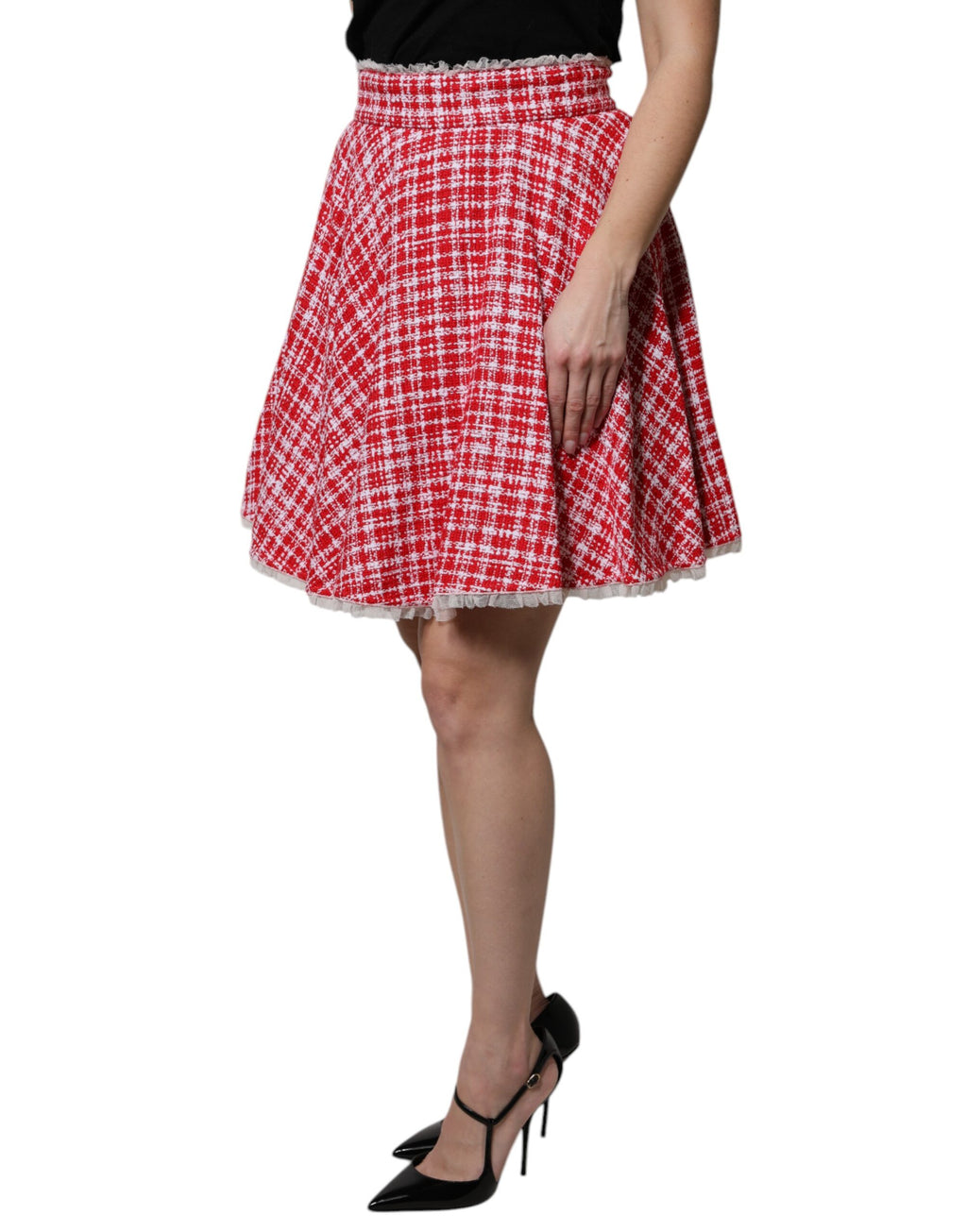 Dolce & Gabbana Red White High Waist A-Line Above the Knee Skirt