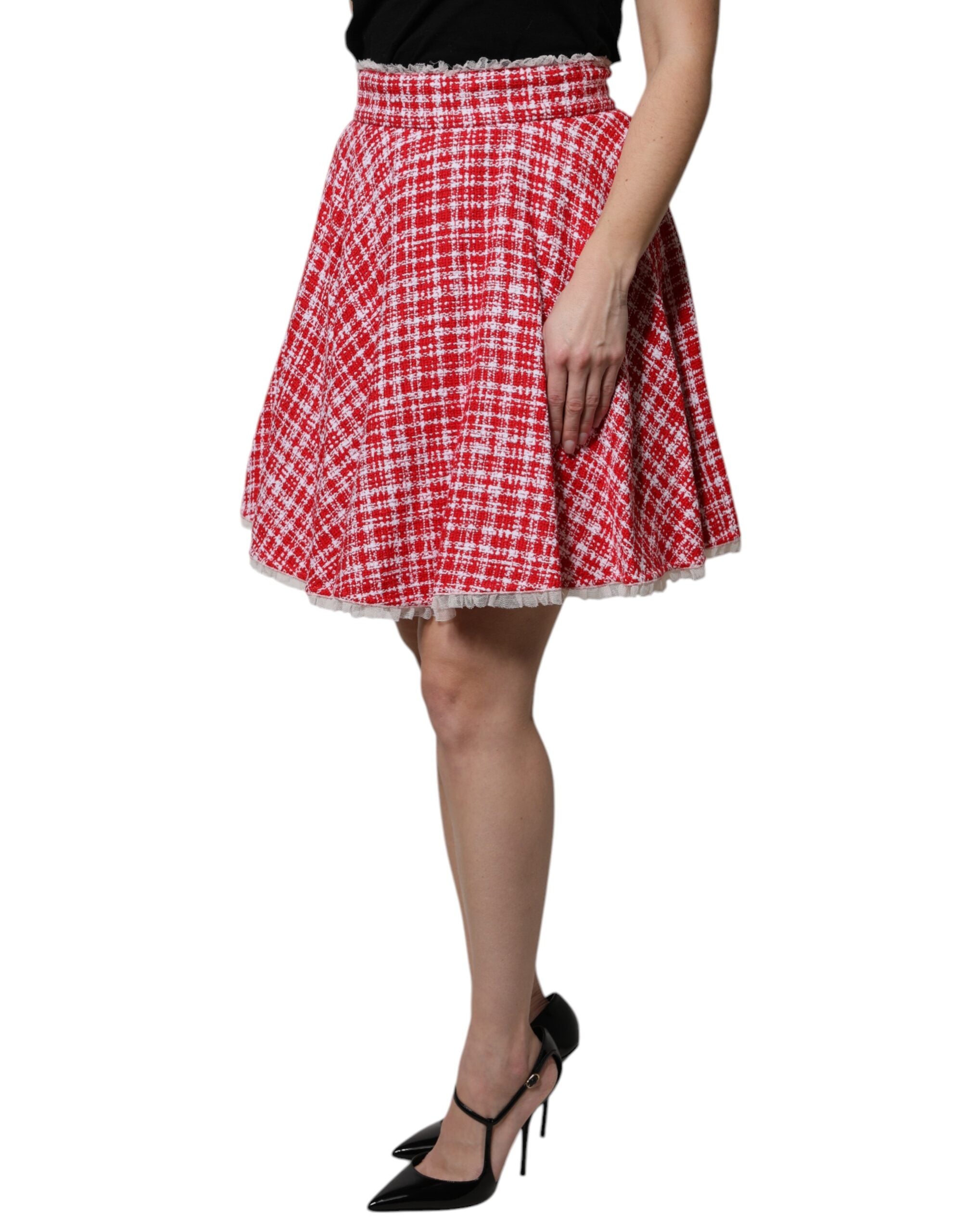 Dolce & Gabbana Red White High Waist A-Line Above the Knee Skirt