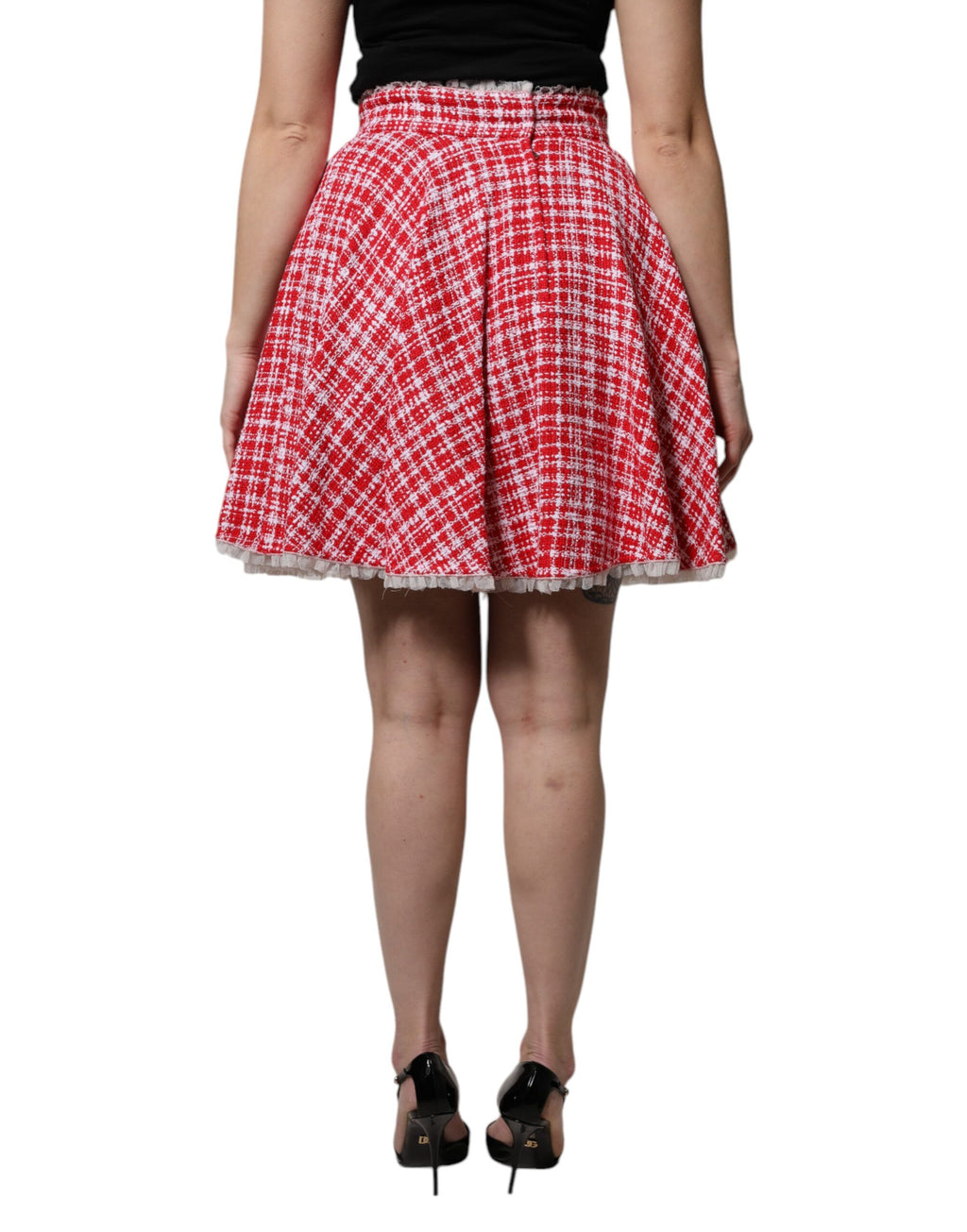 Dolce & Gabbana Red White High Waist A-Line Above the Knee Skirt