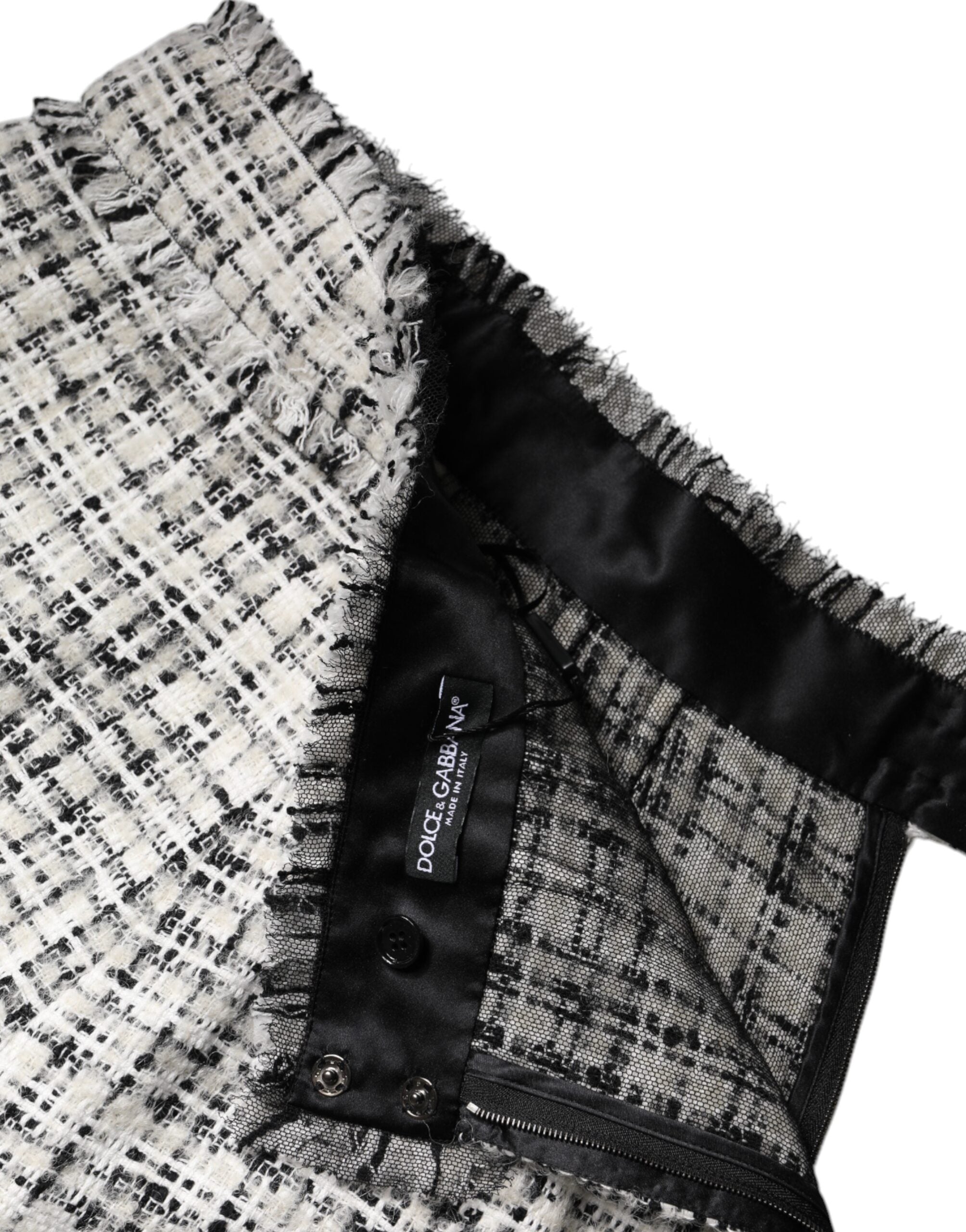Dolce & Gabbana White Black High Waisted Tartan Tweed Mini Skirt