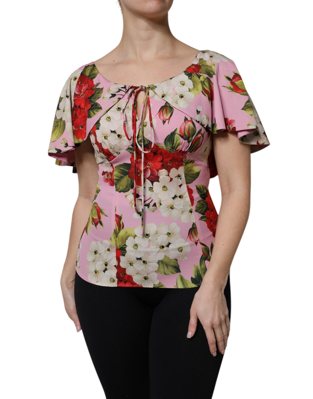 Dolce & Gabbana Rosa geblümtes Seidenblusentop mit kurzen Ärmeln