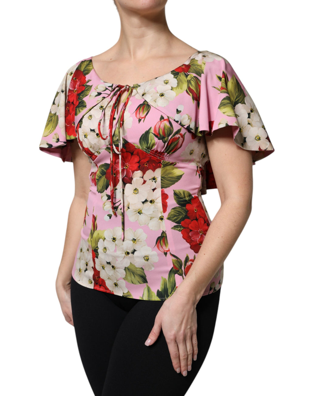 Dolce & Gabbana Rosa geblümtes Seidenblusentop mit kurzen Ärmeln