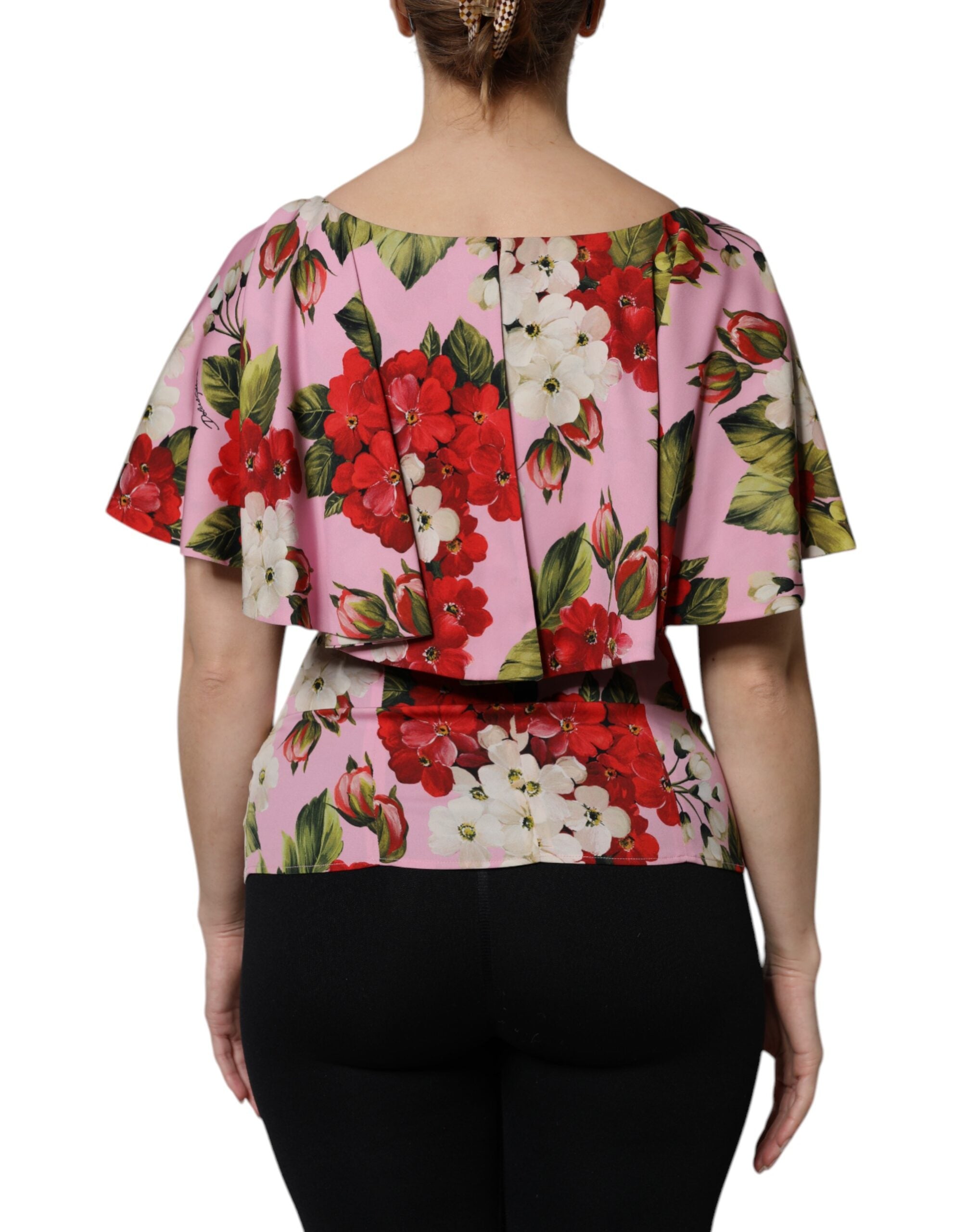 Dolce & Gabbana Rosa geblümtes Seidenblusentop mit kurzen Ärmeln