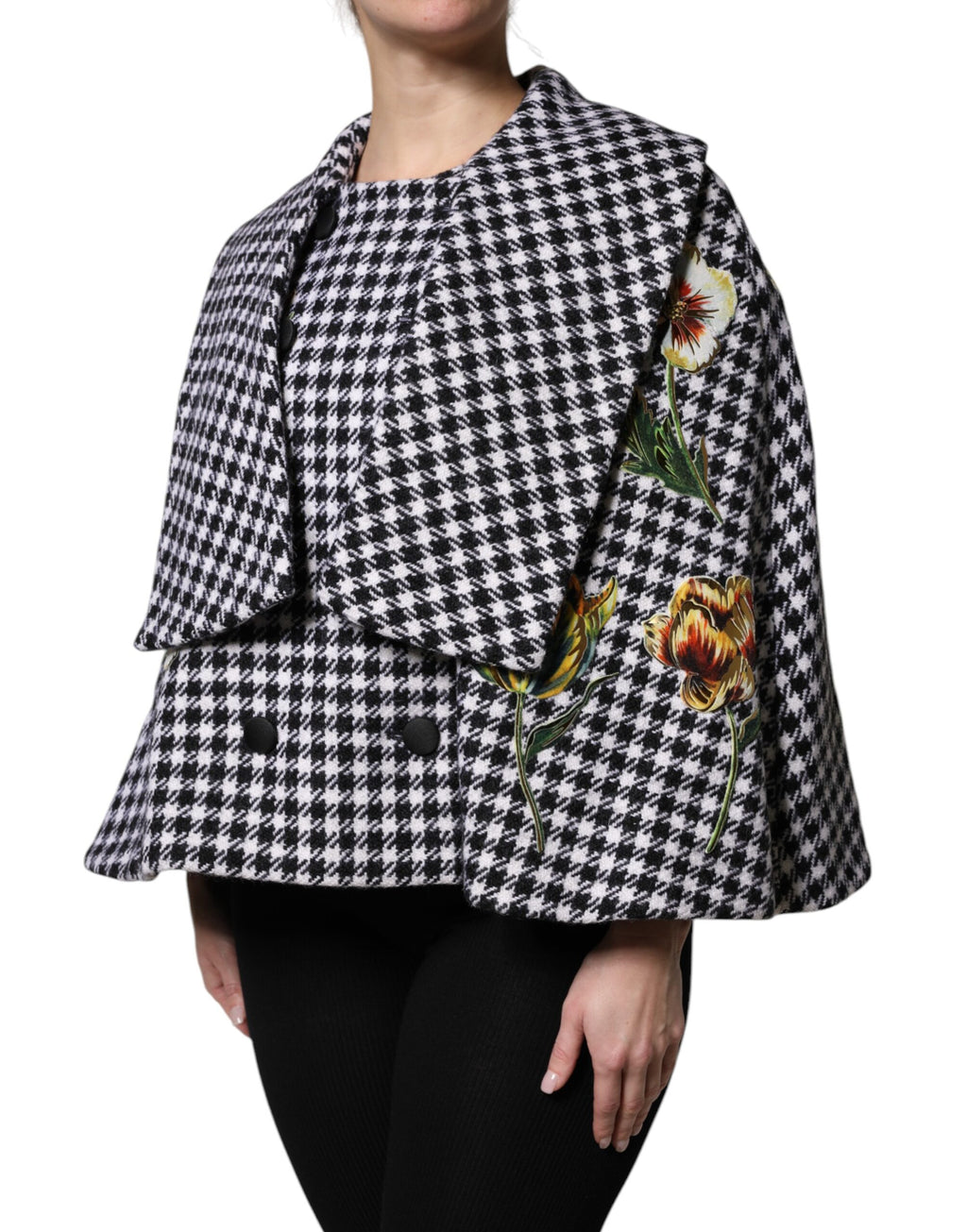 Dolce & Gabbana Schwarz Weiß Monochrom Gemusterte Floral Cape Jacke