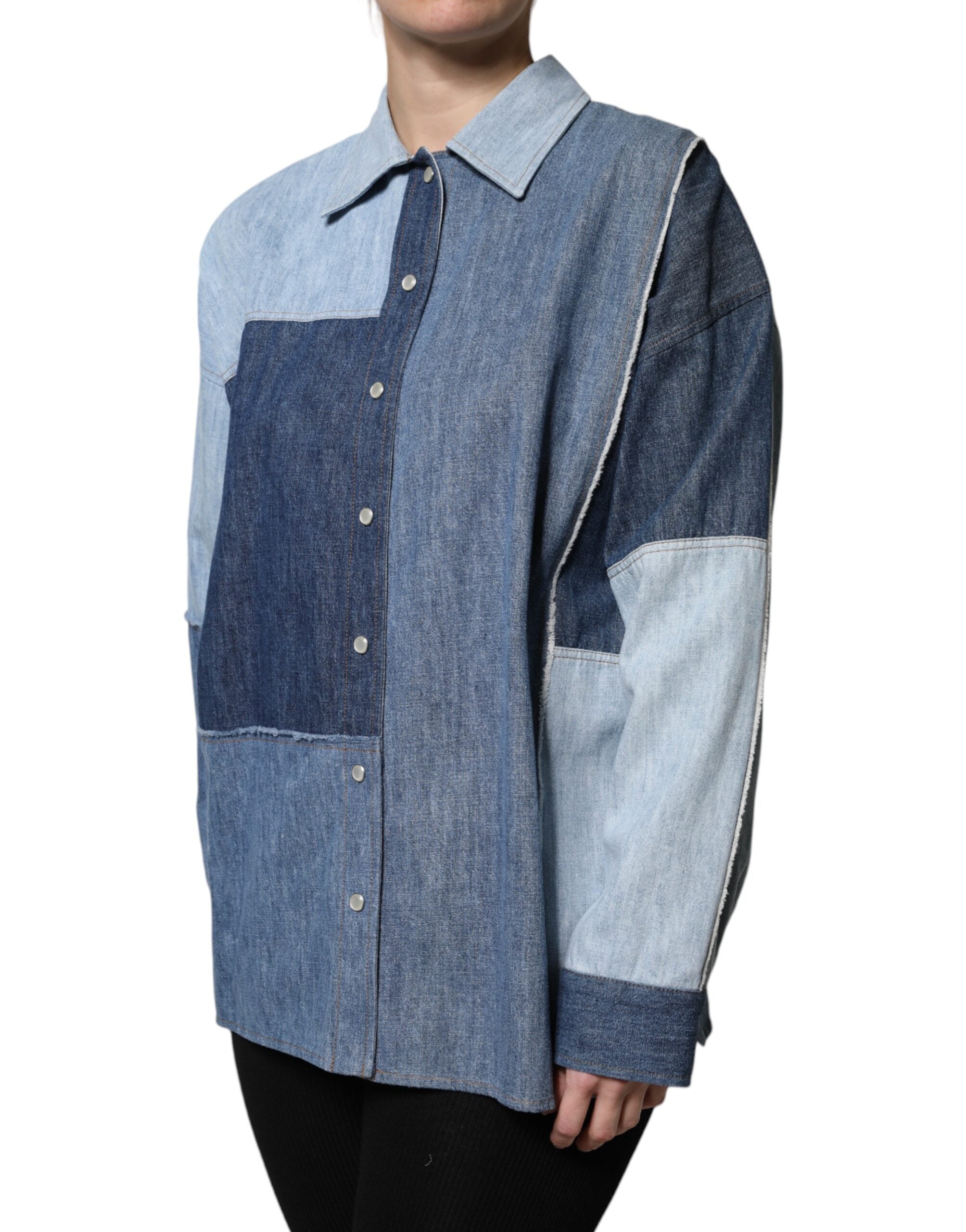Dolce & Gabbana Blue Cotton Long Sleeve Button-Placket Top