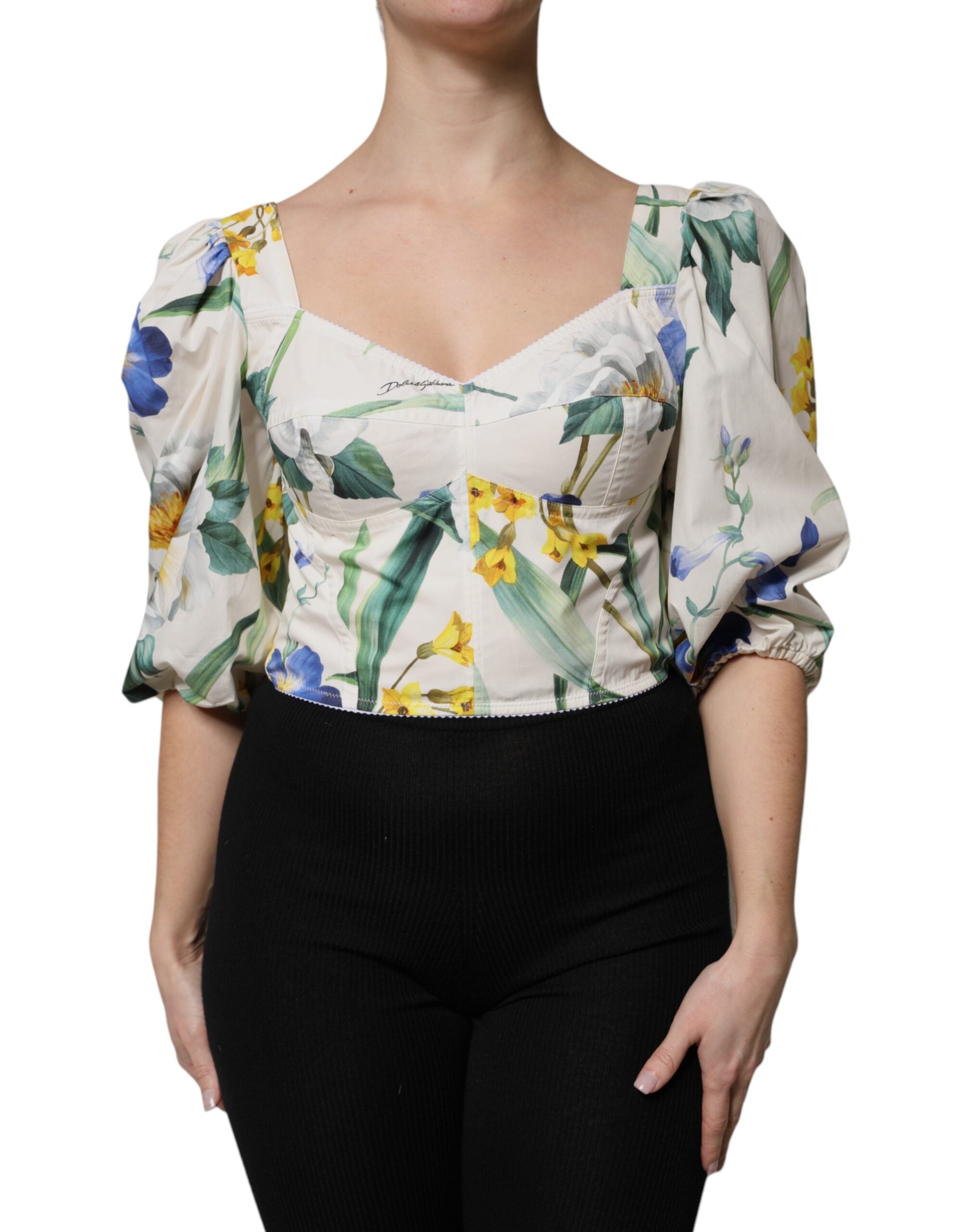 Dolce & Gabbana White Floral Puff-Sleeve Crop Blouse Top