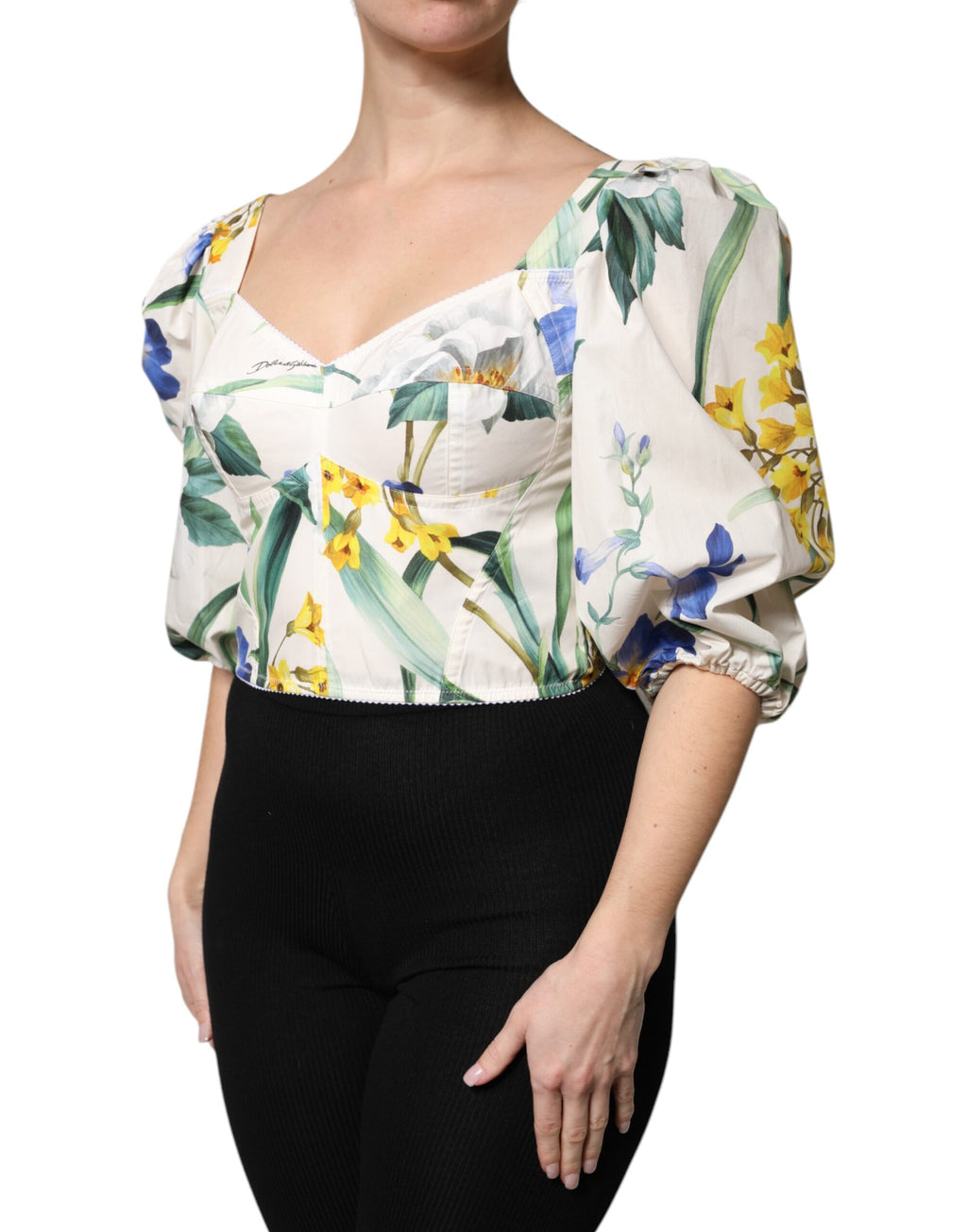 Dolce & Gabbana White Floral Puff-Sleeve Crop Blouse Top
