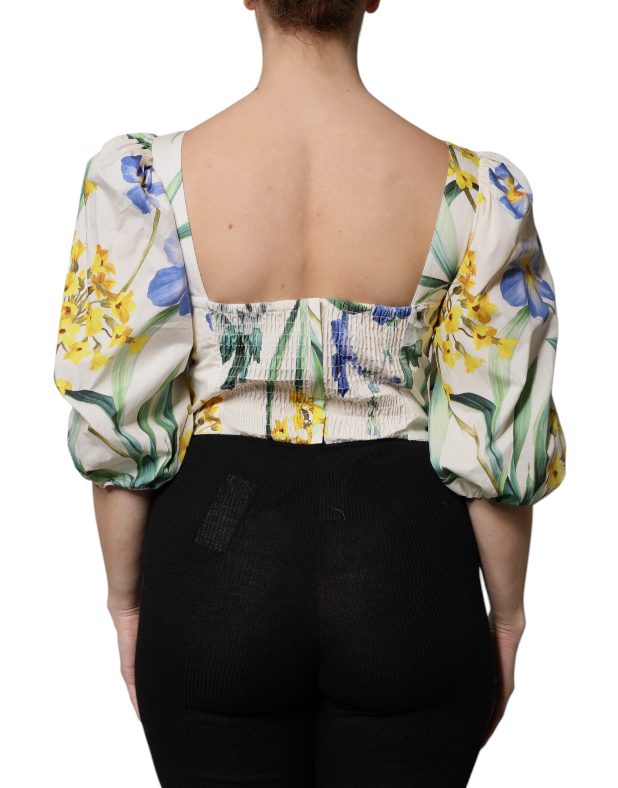 Dolce & Gabbana White Floral Puff-Sleeve Crop Blouse Top