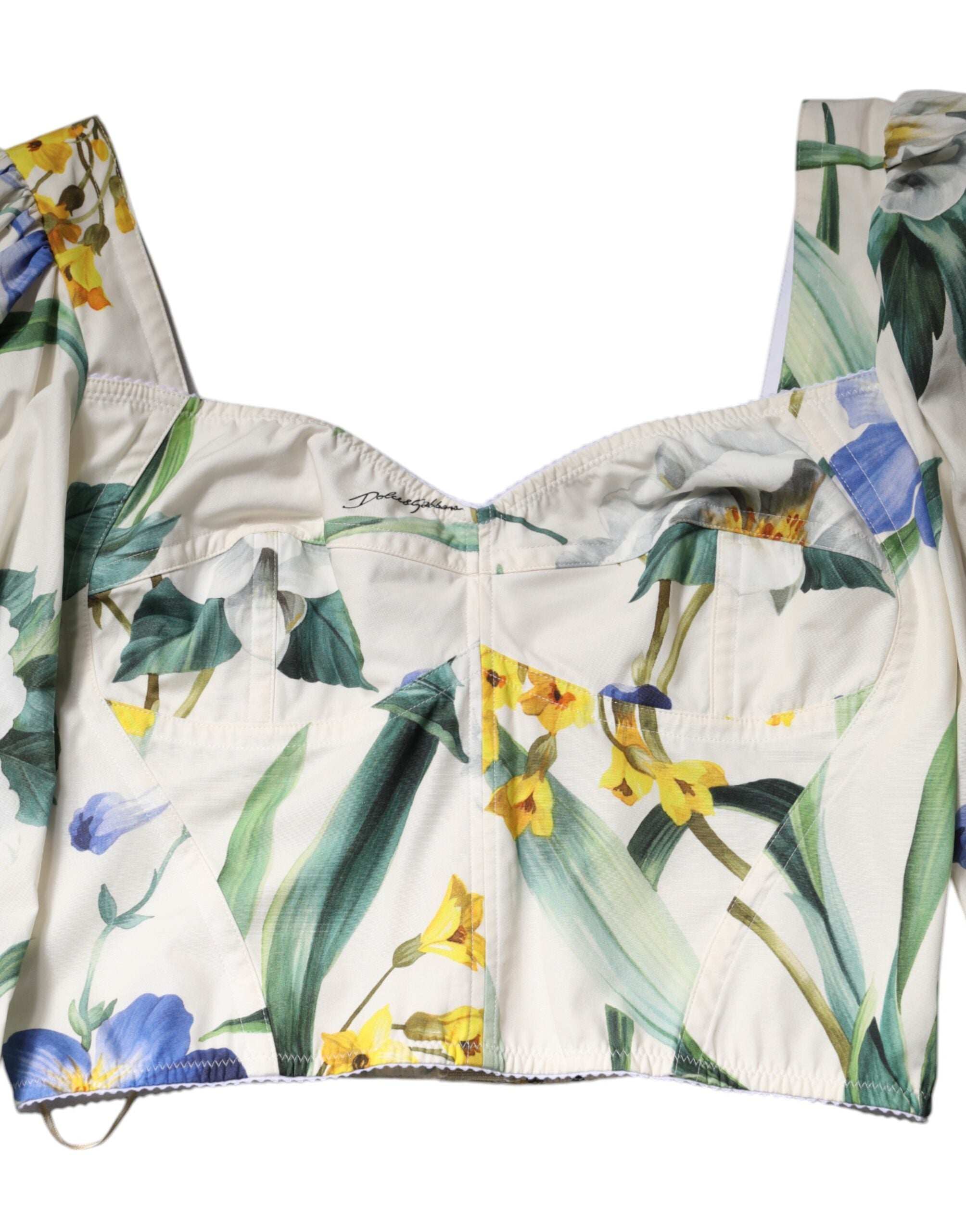 Dolce & Gabbana White Floral Puff-Sleeve Crop Blouse Top