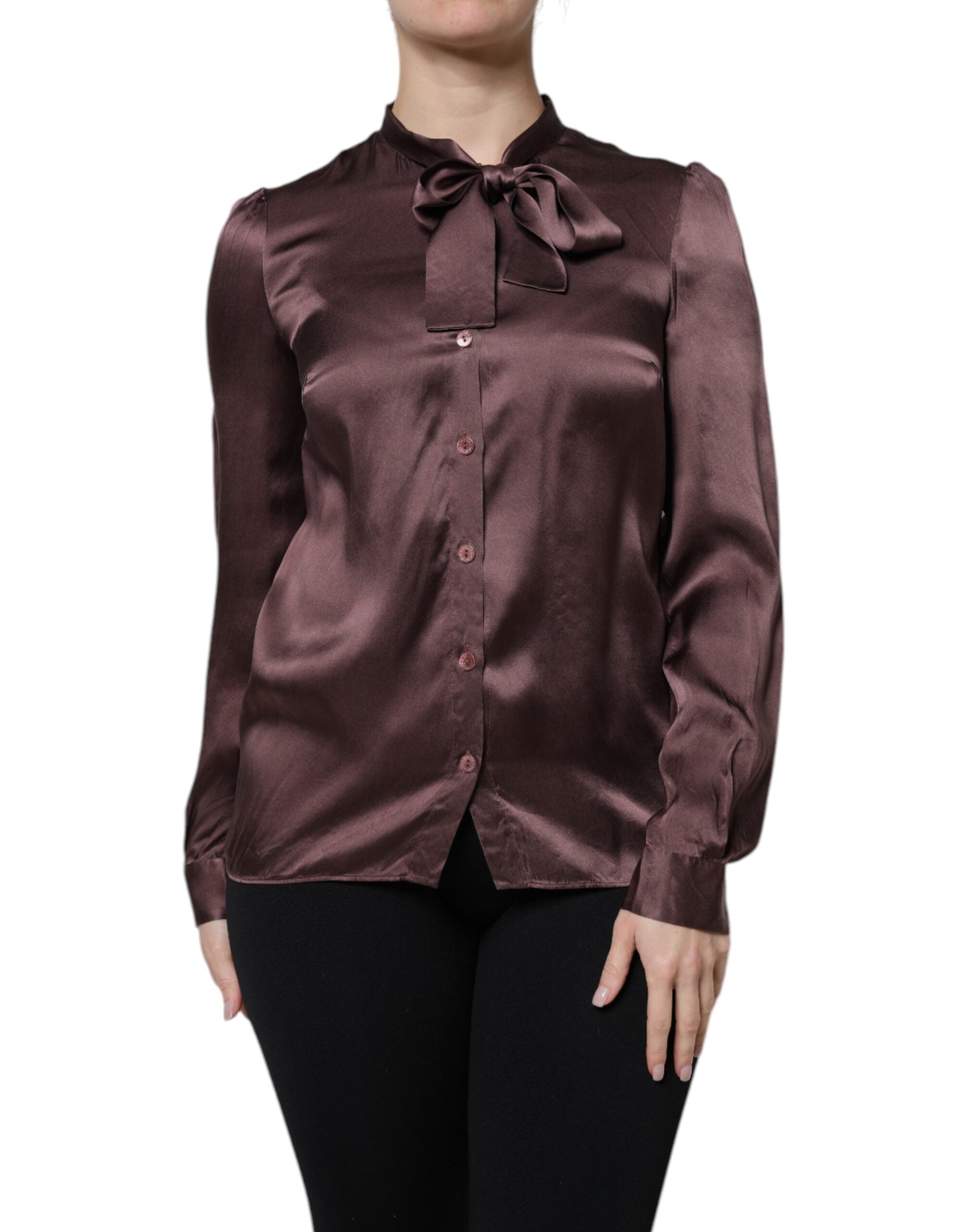 Dolce & Gabbana Brown Ascot Collar Long-Sleeve Blouse Top