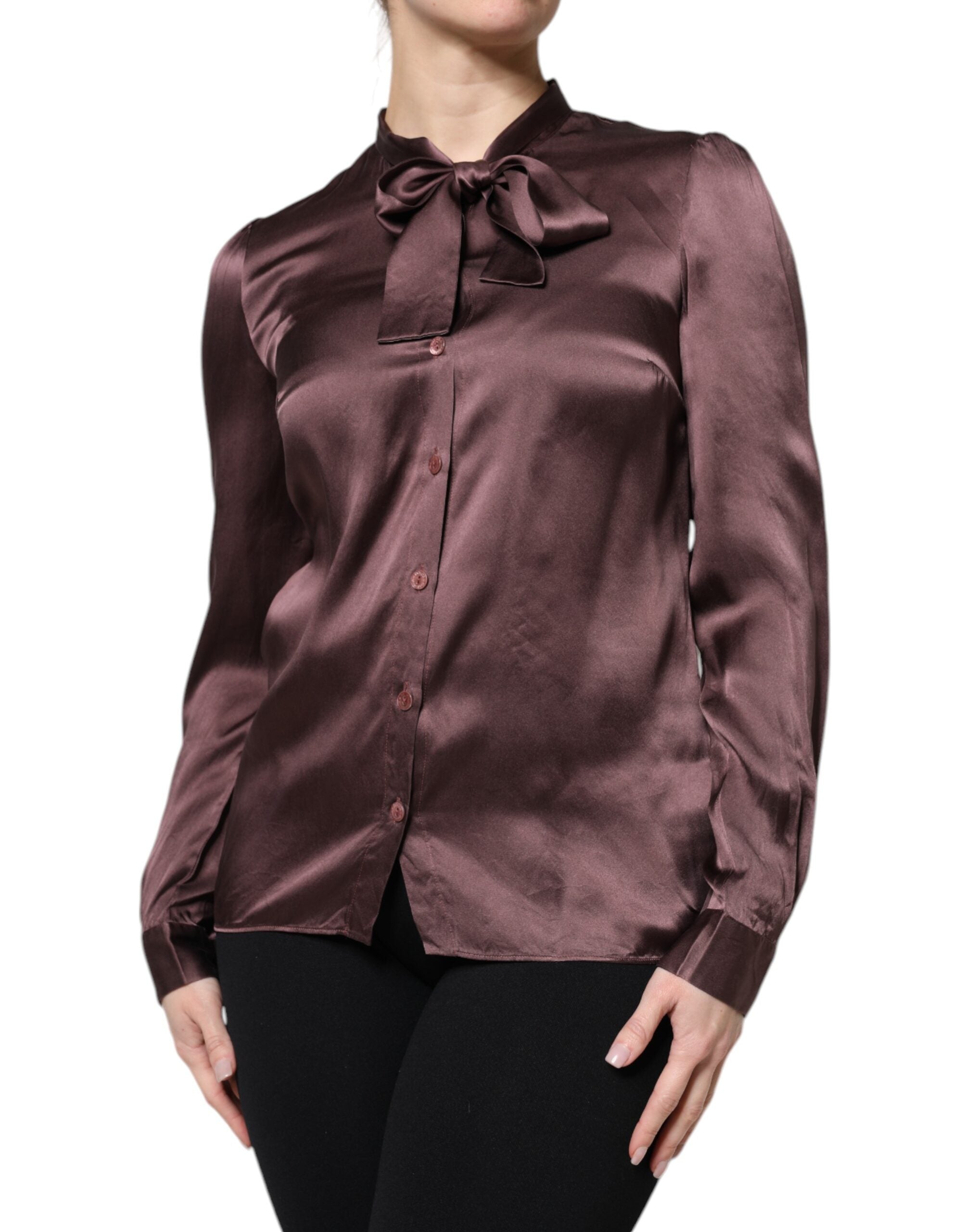 Dolce & Gabbana Brown Ascot Collar Long-Sleeve Blouse Top