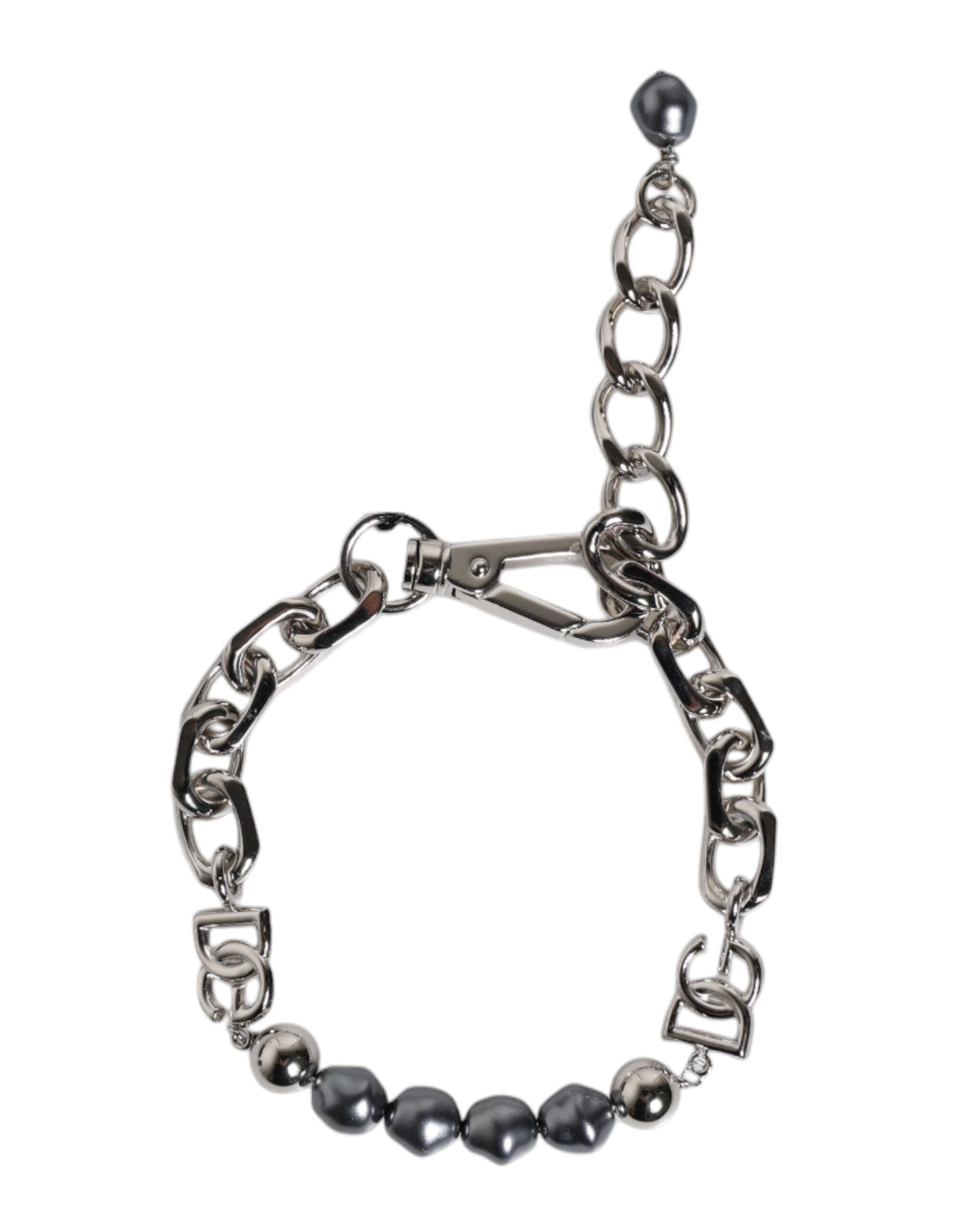 Dolce & Gabbana Silver-colored Necklace Lobster Clasp Logo Gray Pearl Bracelet