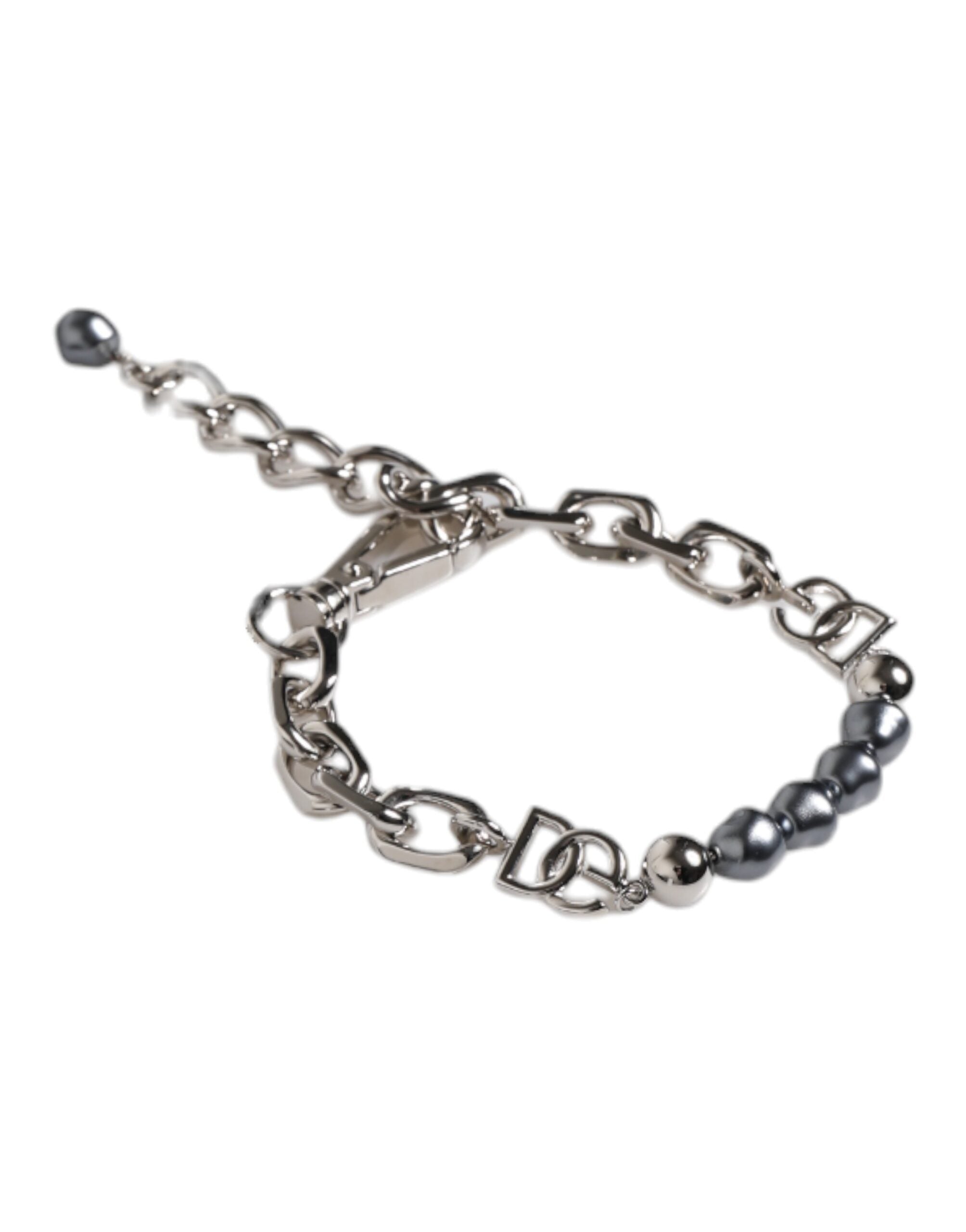 Dolce & Gabbana Silver-colored Necklace Lobster Clasp Logo Gray Pearl Bracelet
