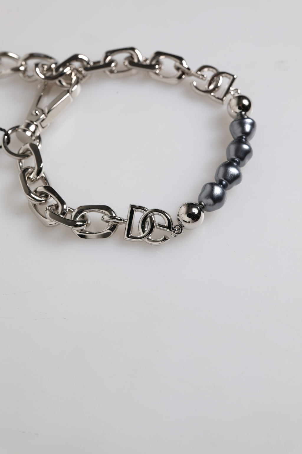 Dolce & Gabbana Silver-colored Necklace Lobster Clasp Logo Gray Pearl Bracelet