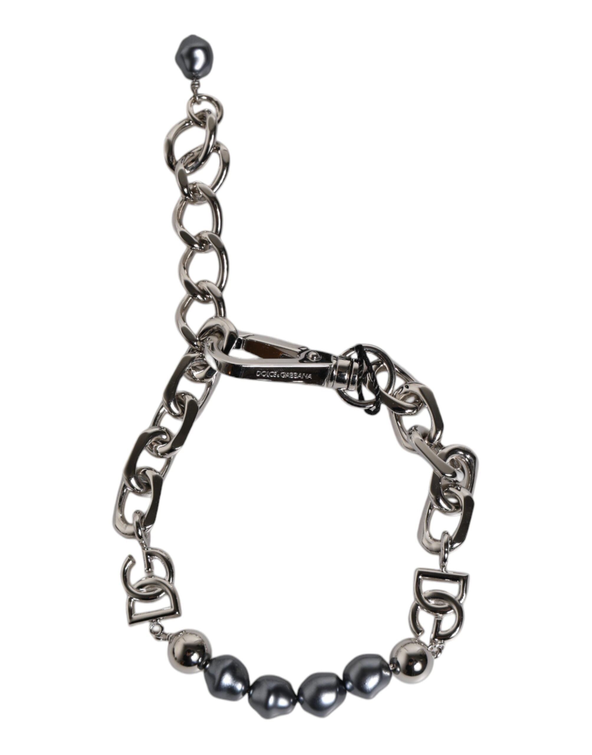 Dolce & Gabbana Silver-colored Necklace Lobster Clasp Logo Gray Pearl Bracelet