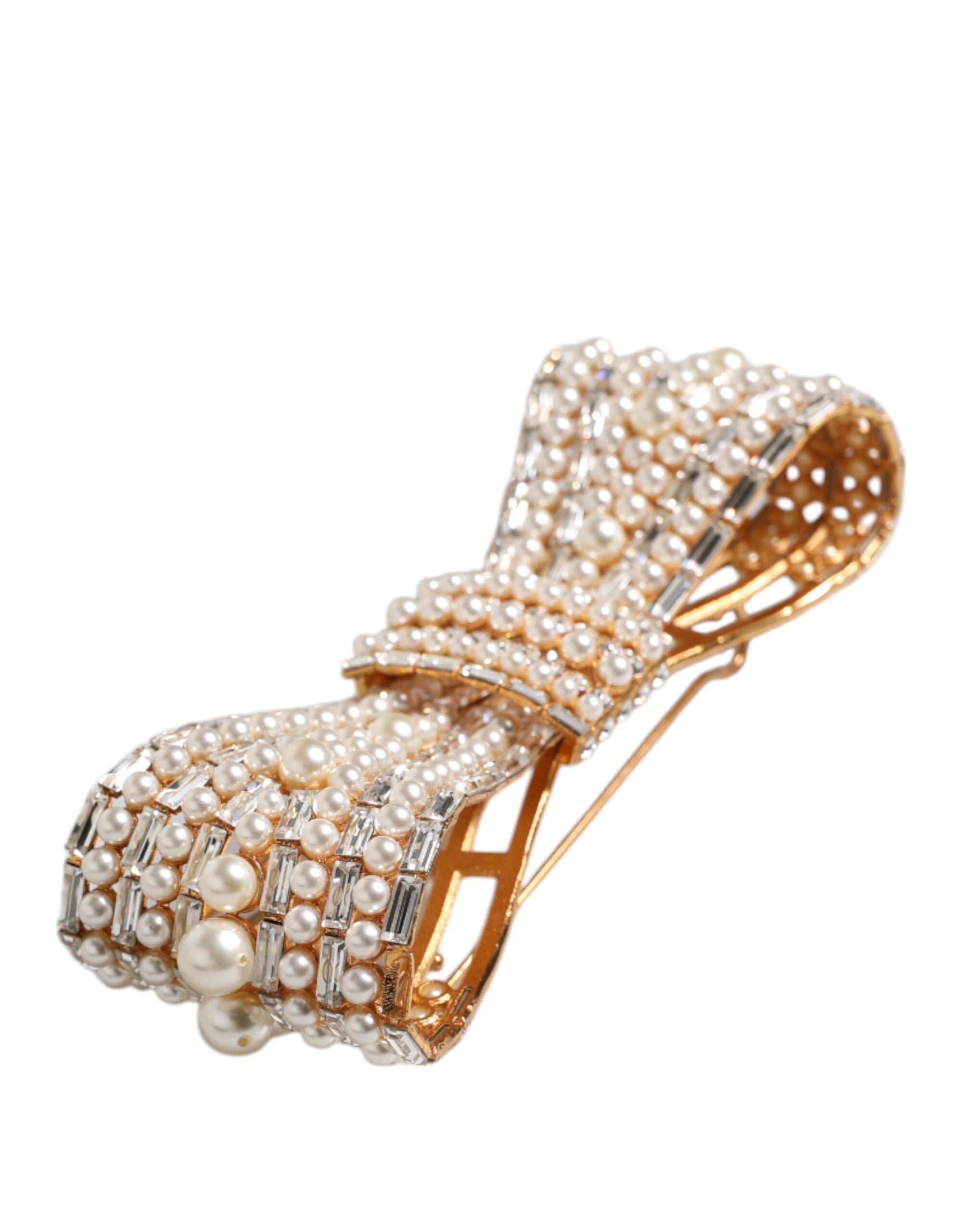 Dolce & Gabbana Gold-Tone Brass Bow Crystal Faux Pearl Embellished Brooch