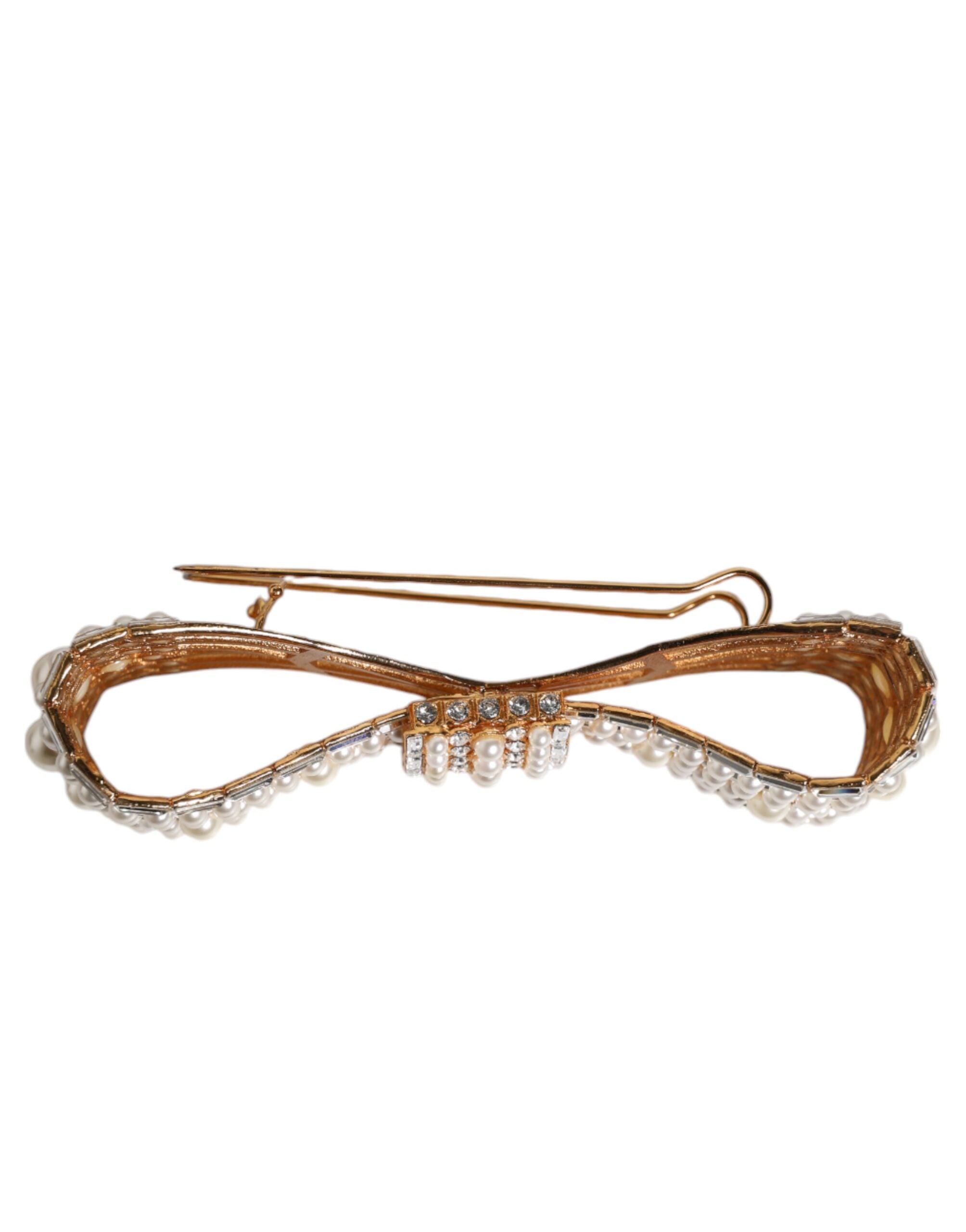 Dolce & Gabbana Gold-Tone Brass Bow Crystal Faux Pearl Embellished Brooch