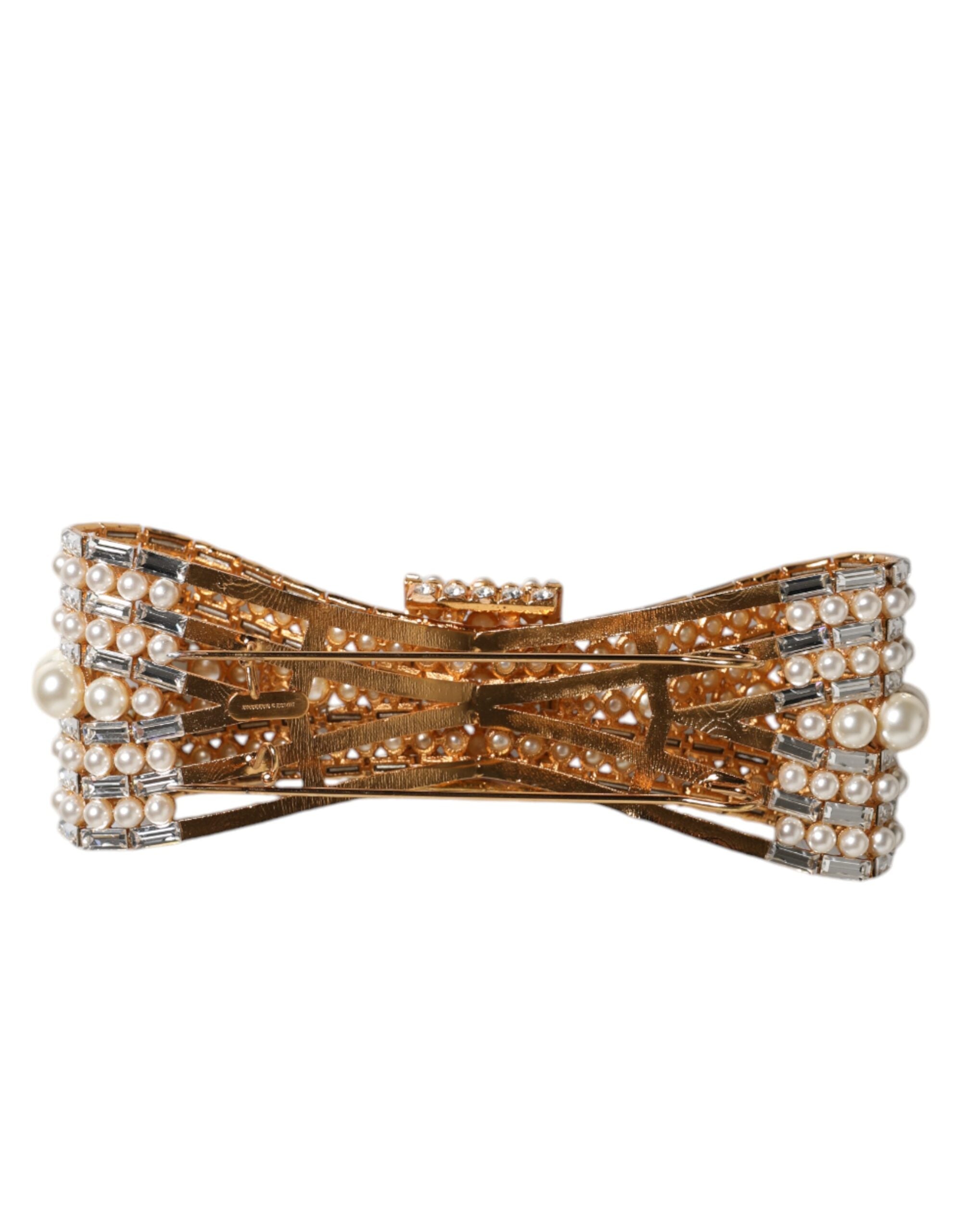 Dolce & Gabbana Gold-Tone Brass Bow Crystal Faux Pearl Embellished Brooch
