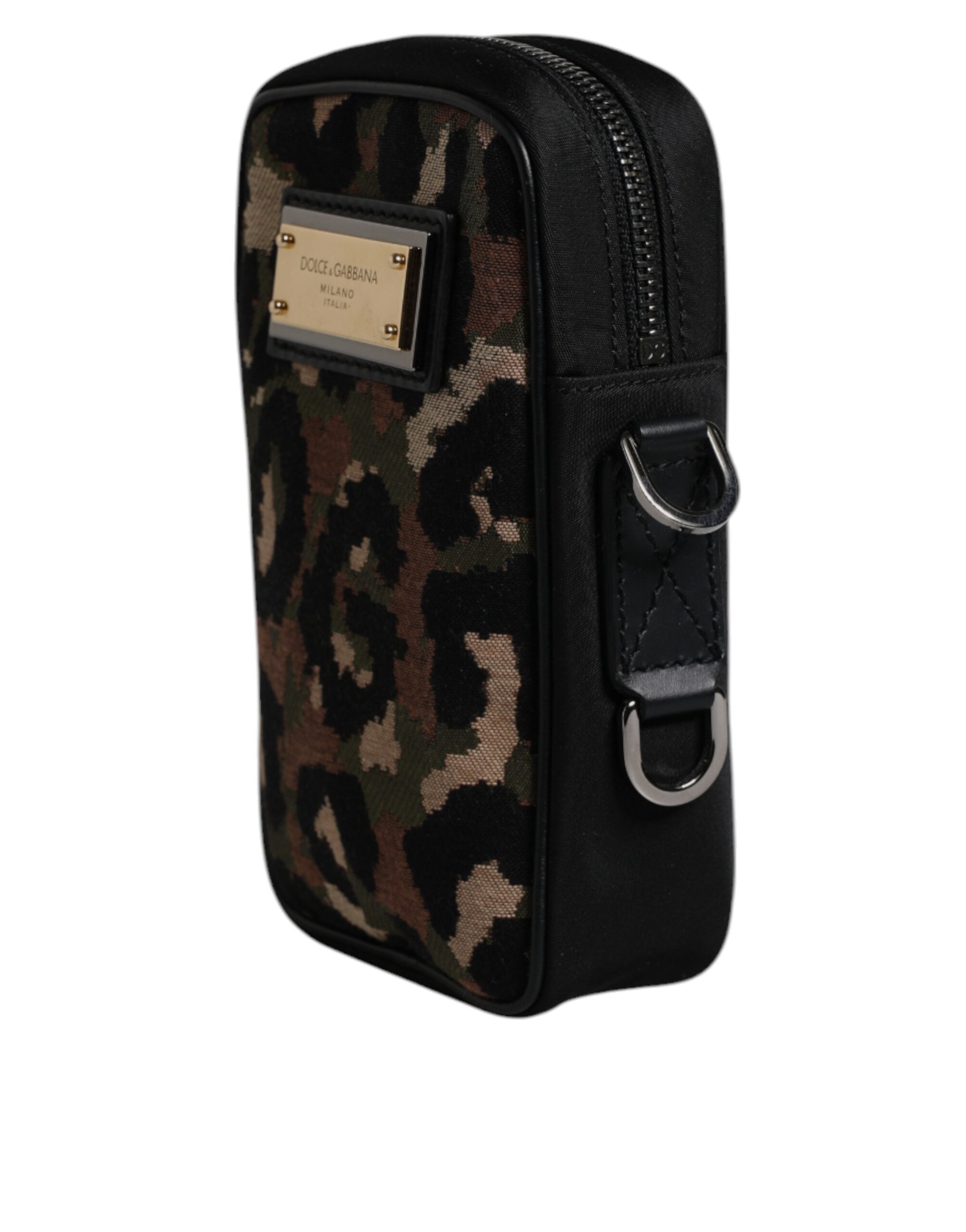 Dolce & Gabbana Multicolor Leopard Jacquard Logo Plaque Neck Pouch