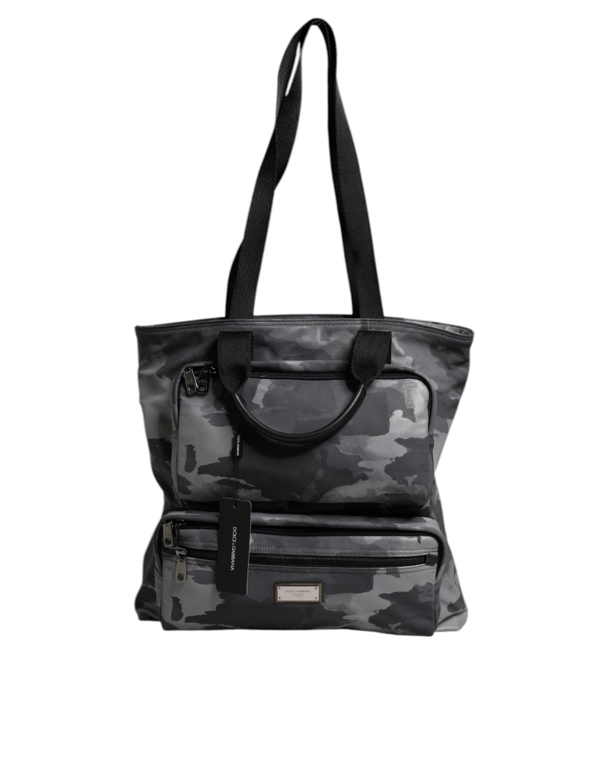 Dolce & Gabbana Grey Camouflage Multi-Pocket Cotton Tote Bag
