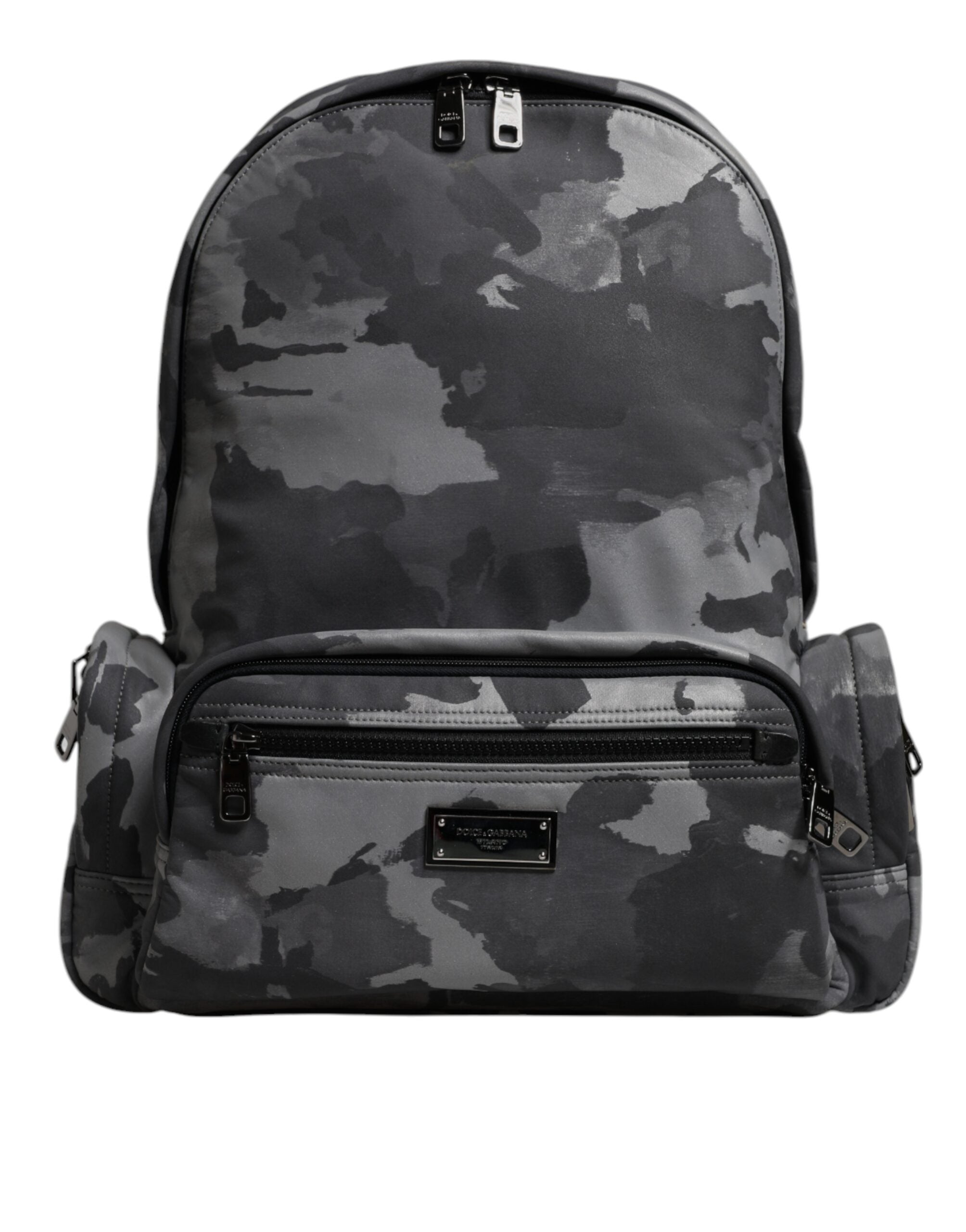 Dolce & Gabbana Grey Cotton Camouflage Logo Plaque Backpack Bag