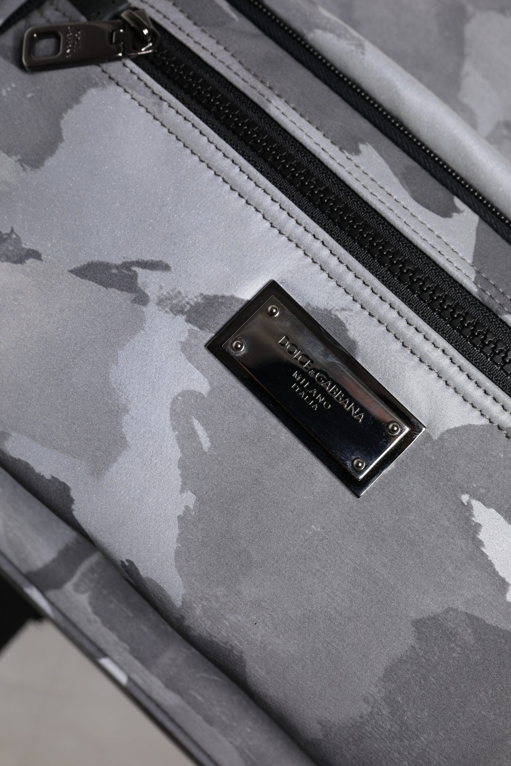 Dolce & Gabbana Grey Cotton Camouflage Logo Plaque Backpack Bag