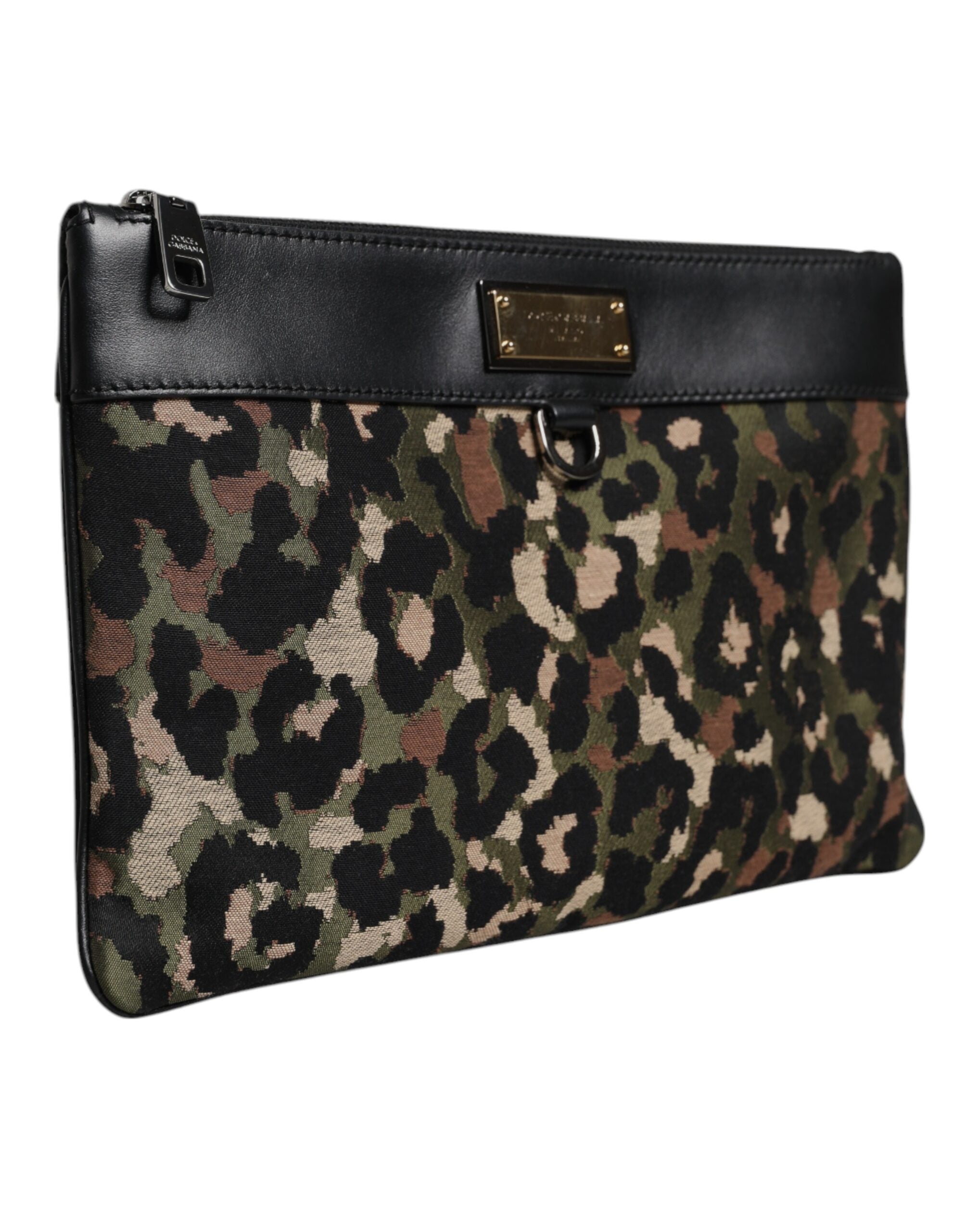 Dolce & Gabbana Multicolor Leopard Jacquard Print Logo Plaque Pouch Tasche
