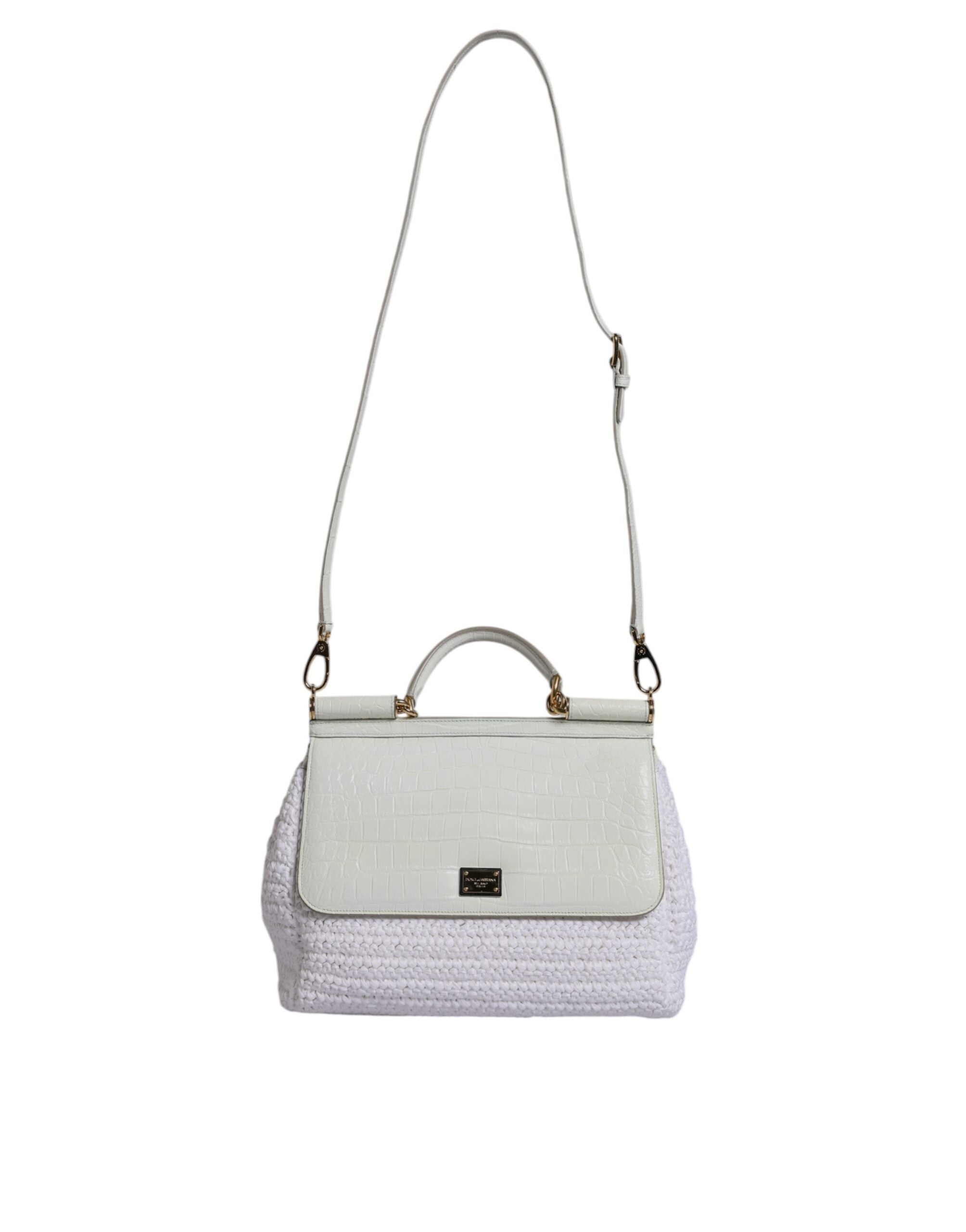 Dolce & Gabbana Weiße Rafia Leder Umhängetasche mit oberem Griff
