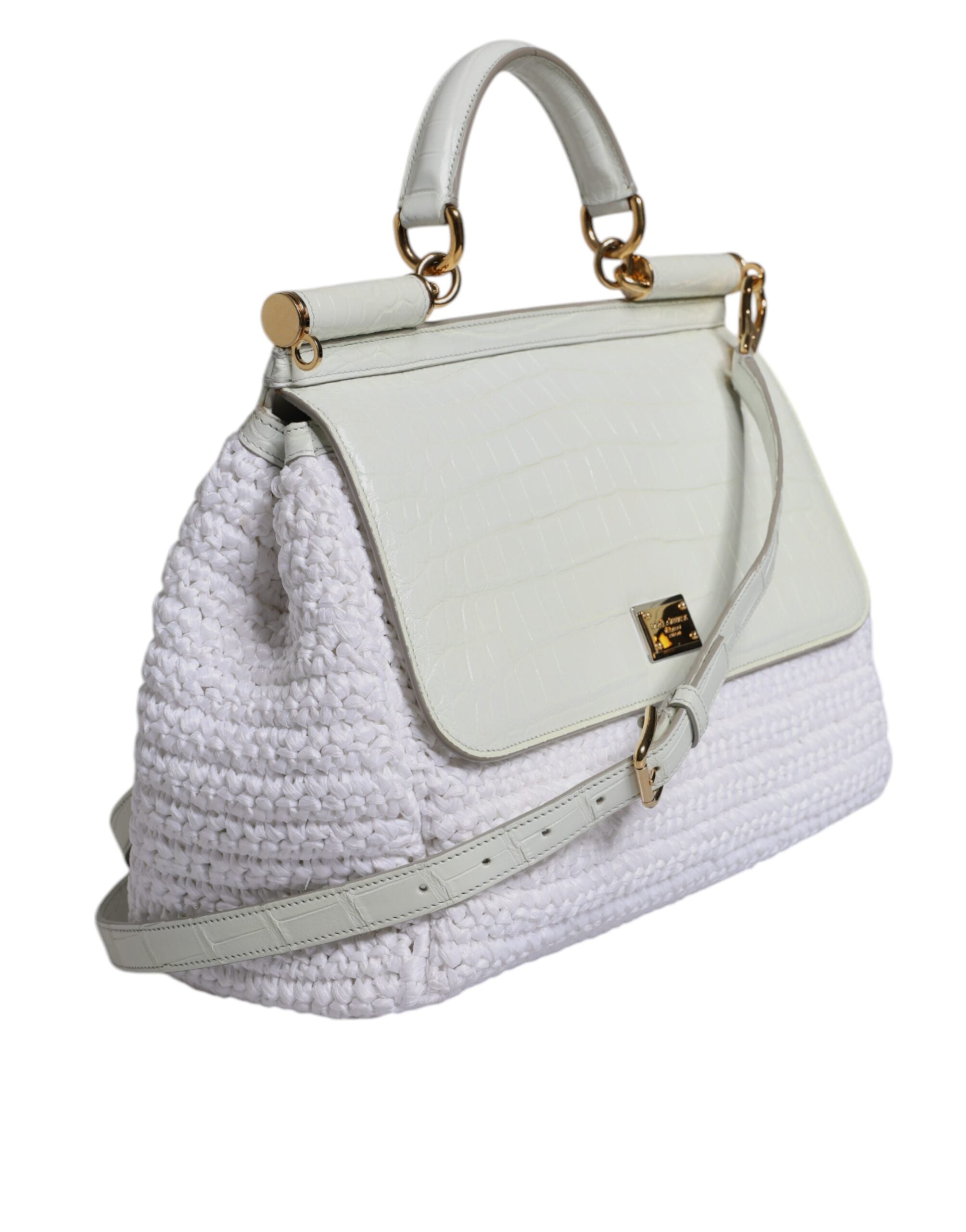 Dolce & Gabbana Weiße Rafia Leder Umhängetasche mit oberem Griff