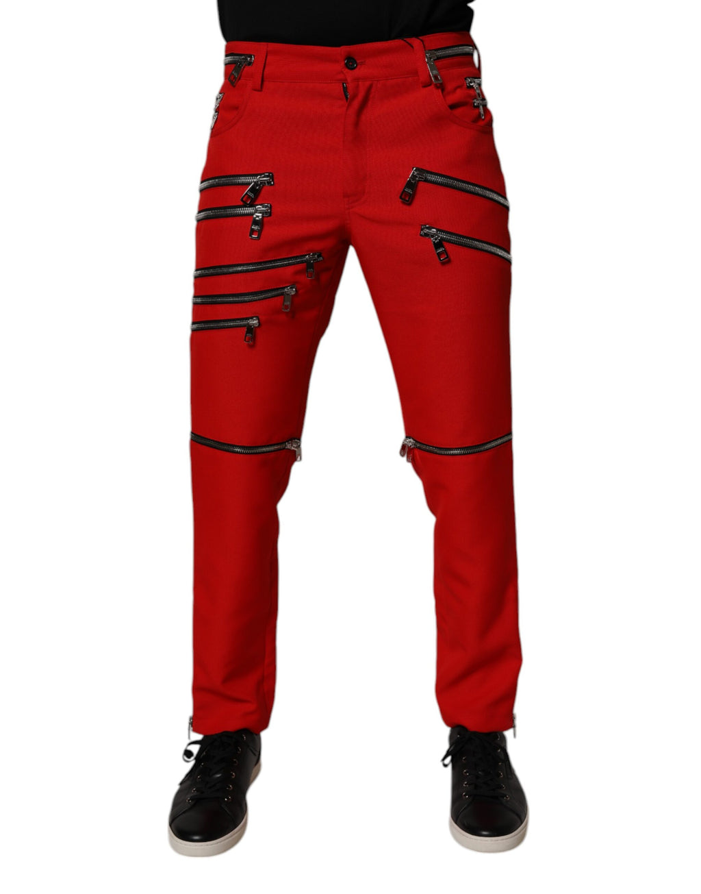 Dolce & Gabbana Red Straight-Leg Trousers with Zipper and Embellishments