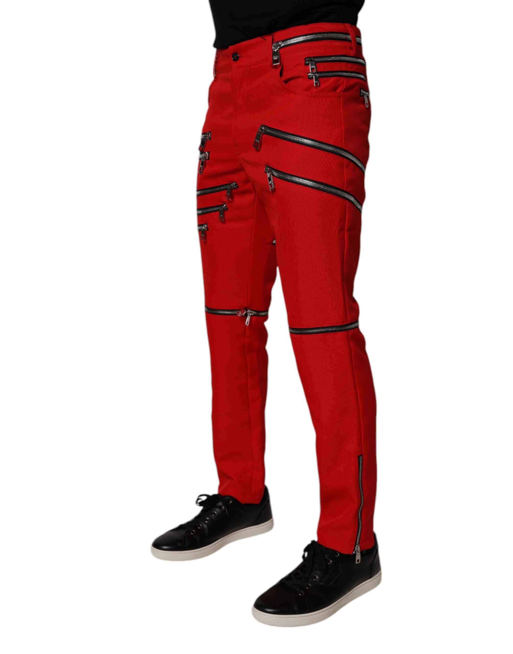 Dolce & Gabbana Red Straight-Leg Trousers with Zipper and Embellishments