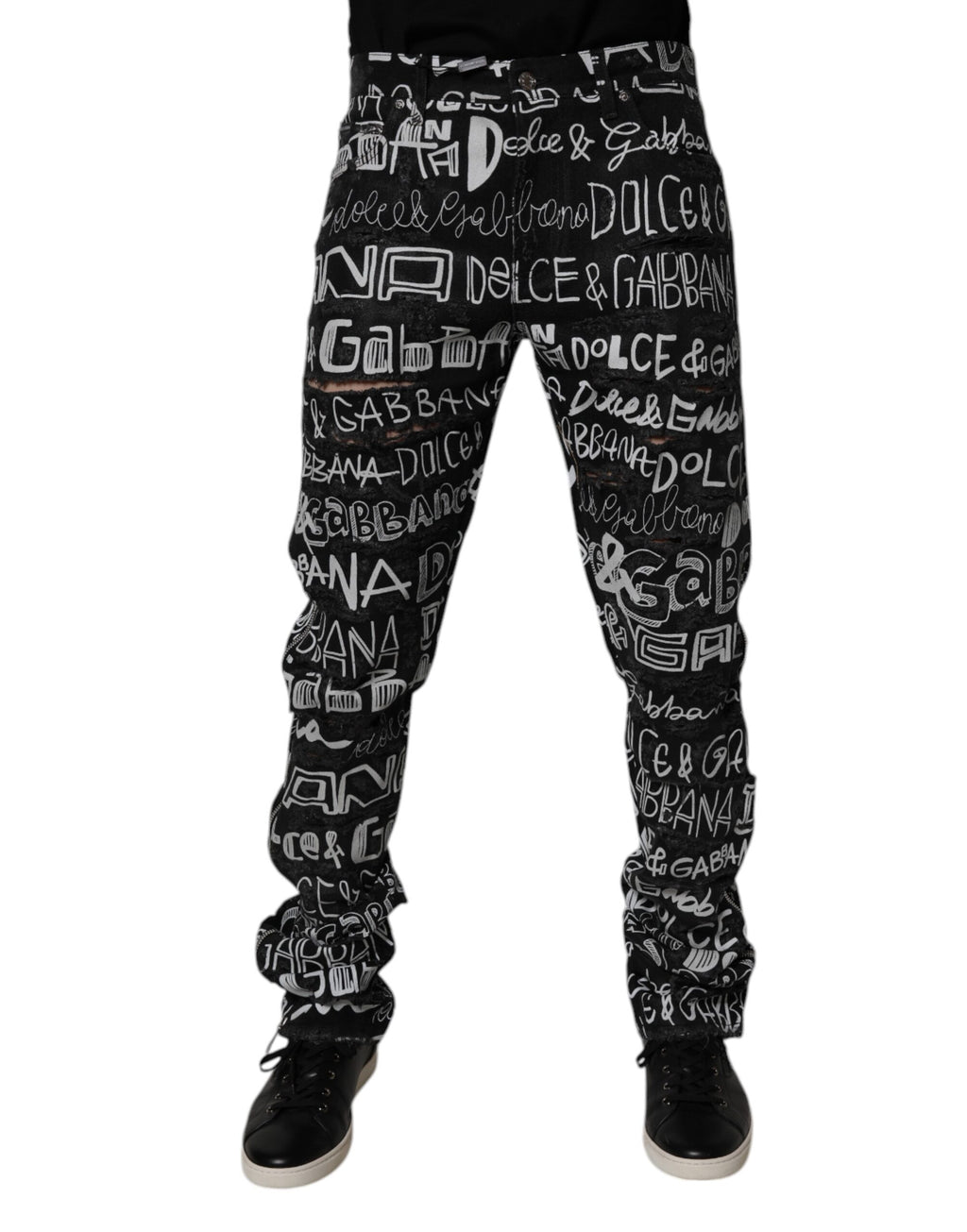 Dolce & Gabbana Black Logo-Print Straight Denim Jeans in Cotton