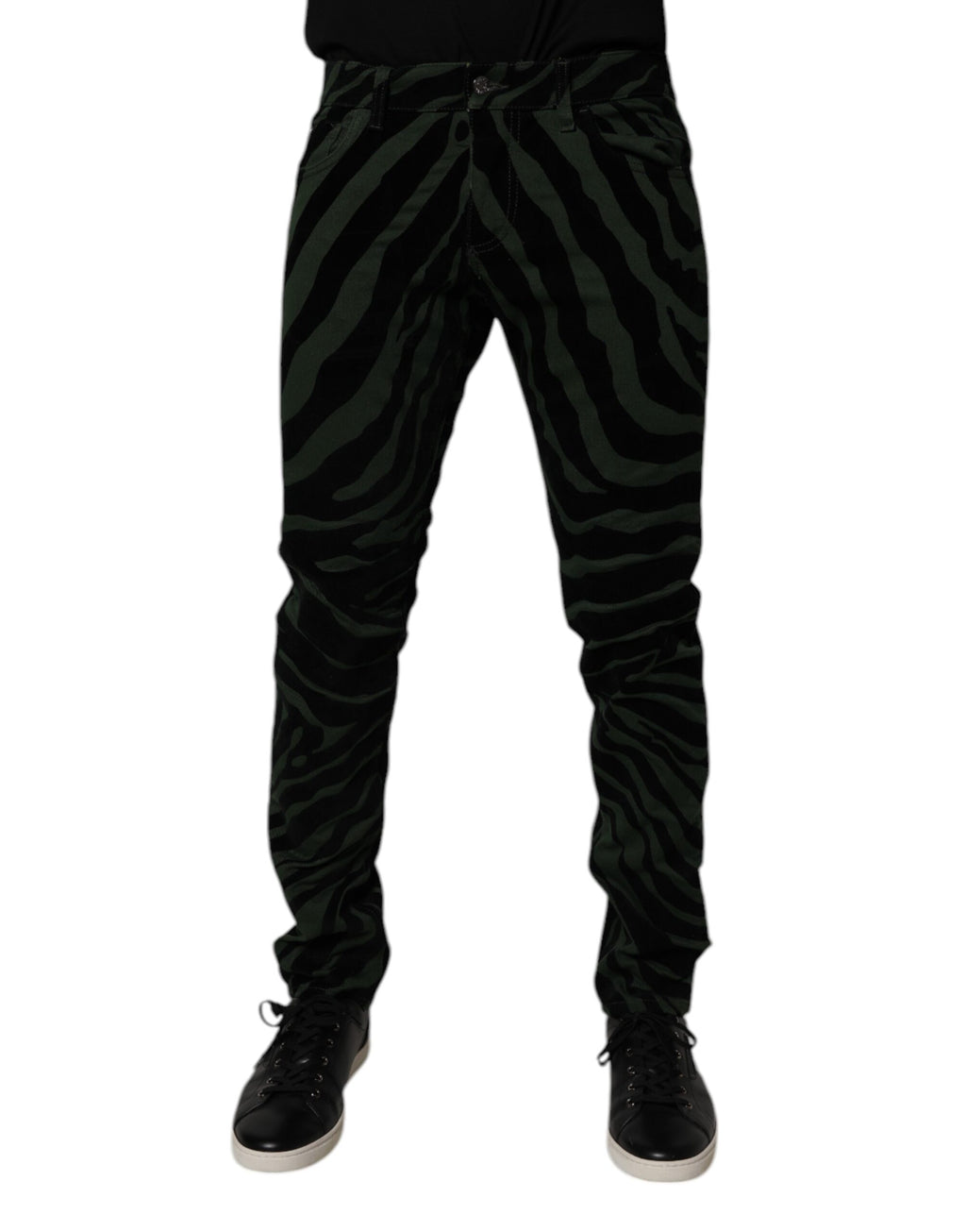 Dolce & Gabbana Schwarz-grün gestreifte Baumwoll-Skinny Denim Jeans