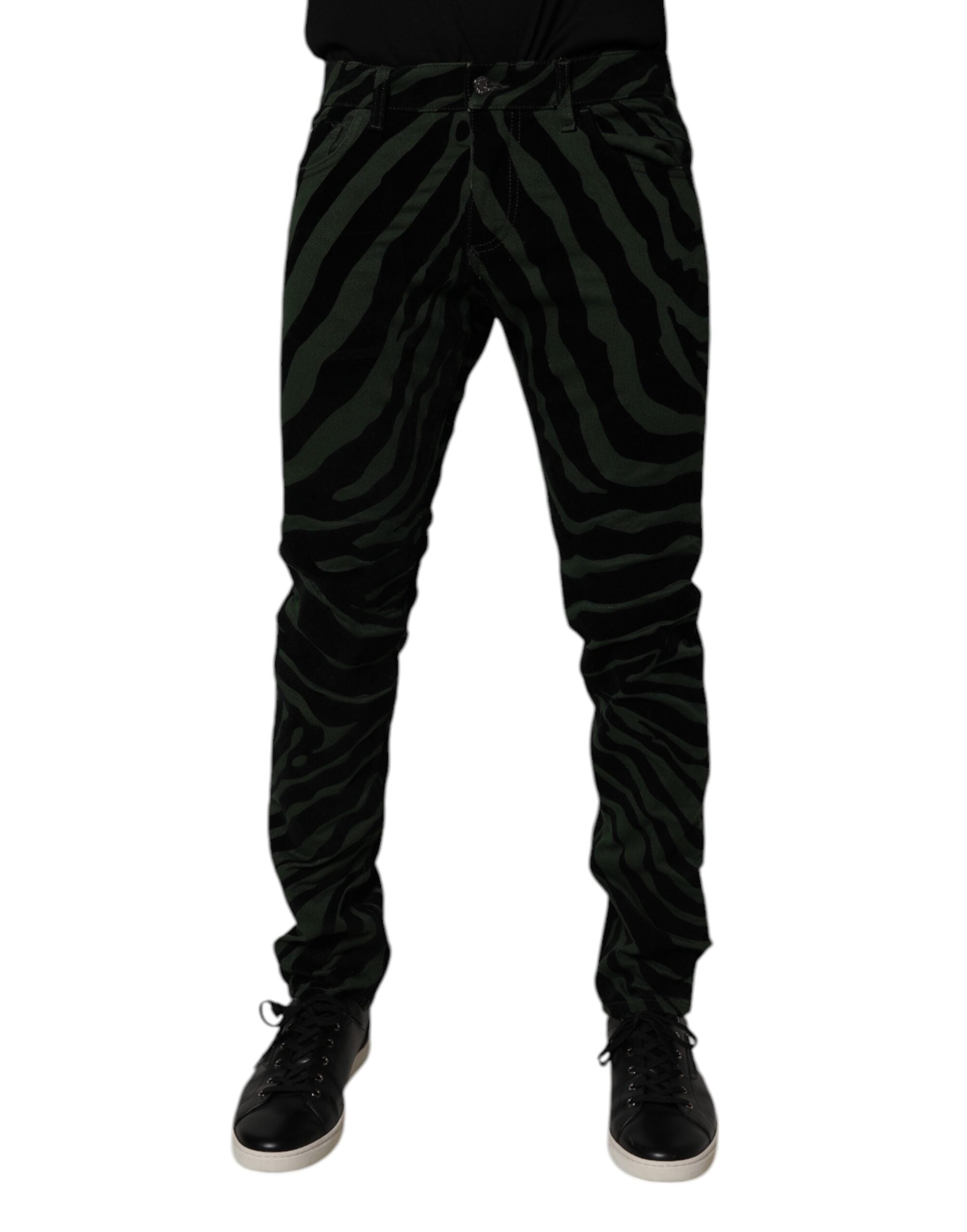 Dolce & Gabbana Schwarz-grün gestreifte Baumwoll-Skinny Denim Jeans