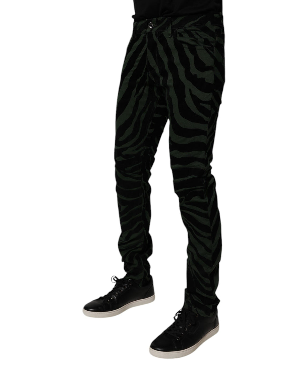 Dolce & Gabbana Schwarz-grün gestreifte Baumwoll-Skinny Denim Jeans
